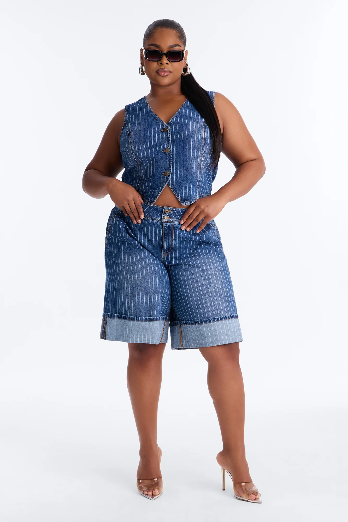Legendary Striped Cuffed Denim Jorts - Dark Wash - Image 5