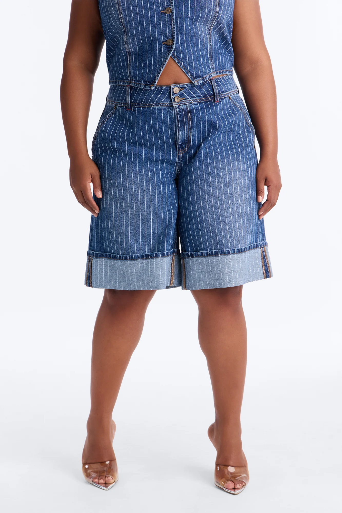 Legendary Striped Cuffed Denim Jorts - Dark Wash - Image 6