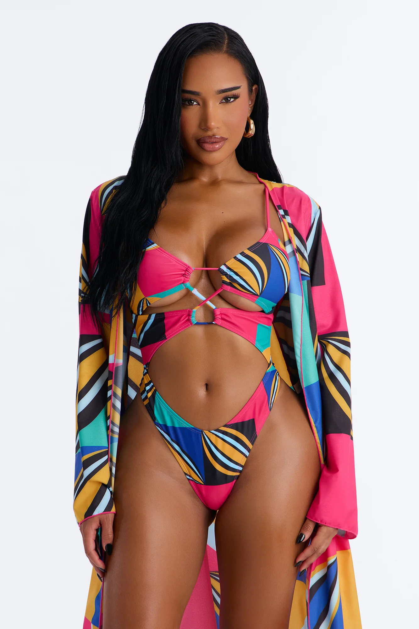 Leila Abstract Cut Out 1 Piece Swimsuit With Swim Cover Up Kimono - Multi Color - Image 2