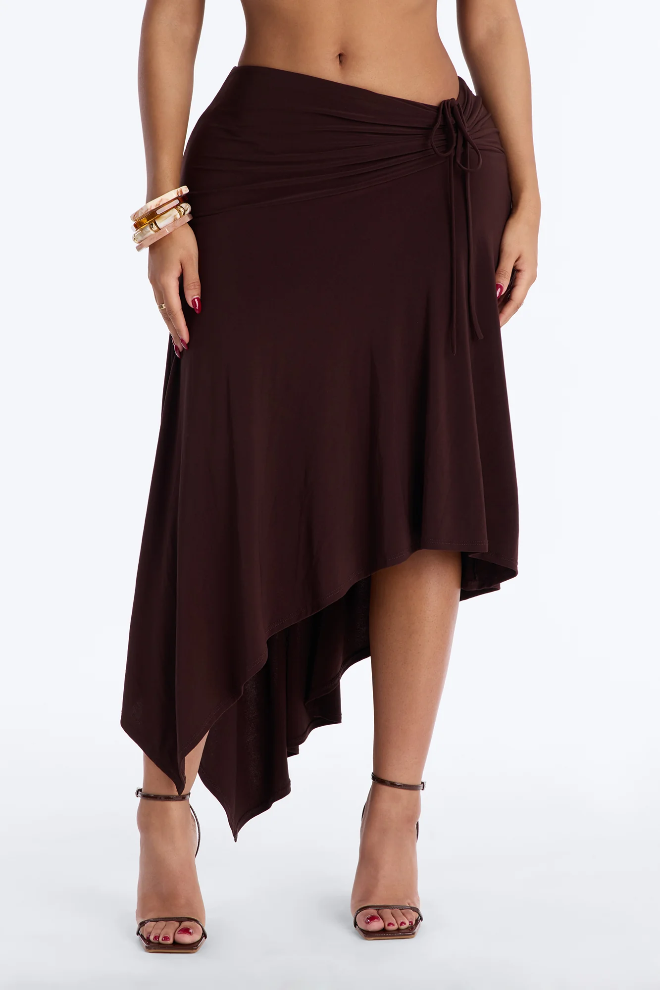 Leila Ruched Asymmetrical Midi Skirt - Chocolate - Image 2