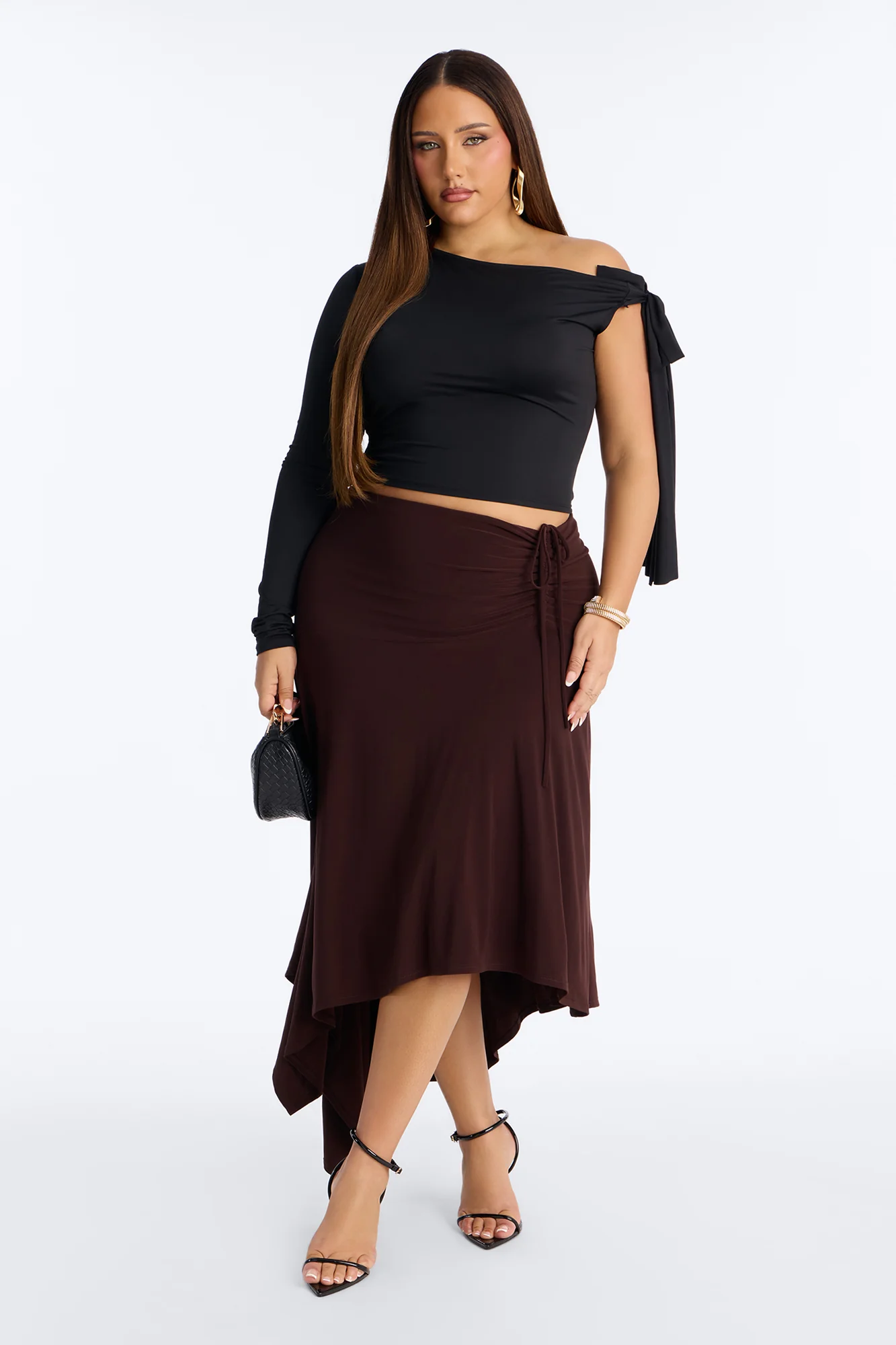 Leila Ruched Asymmetrical Midi Skirt - Chocolate - Image 5