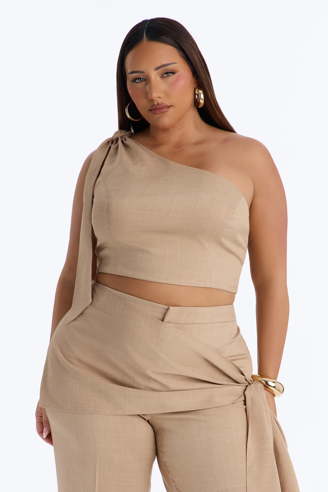 Lena Crepe One Shoulder Wrap Trouser Set - Taupe - Image 6