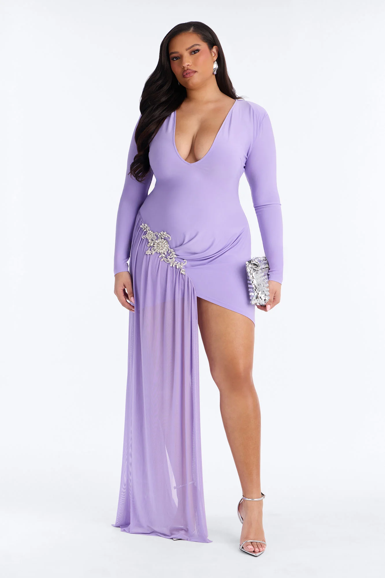 Leni Deep V-Neck Embellished Draped Mini Dress - Purple - Image 5