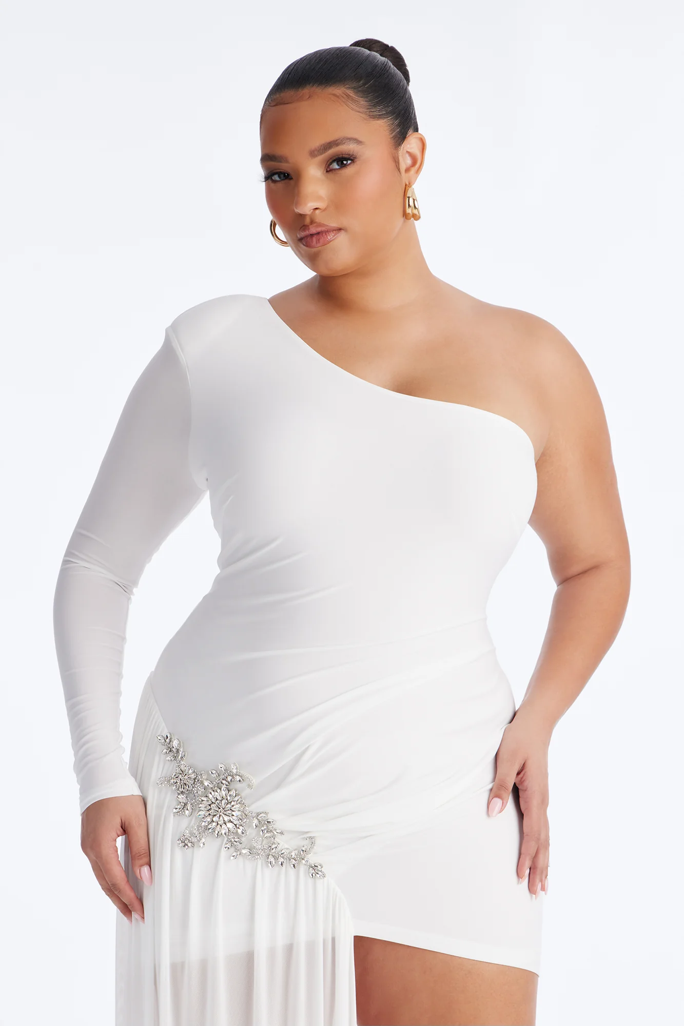 Leni One Shoulder Embellished Draped Mini Dress - White - Image 5