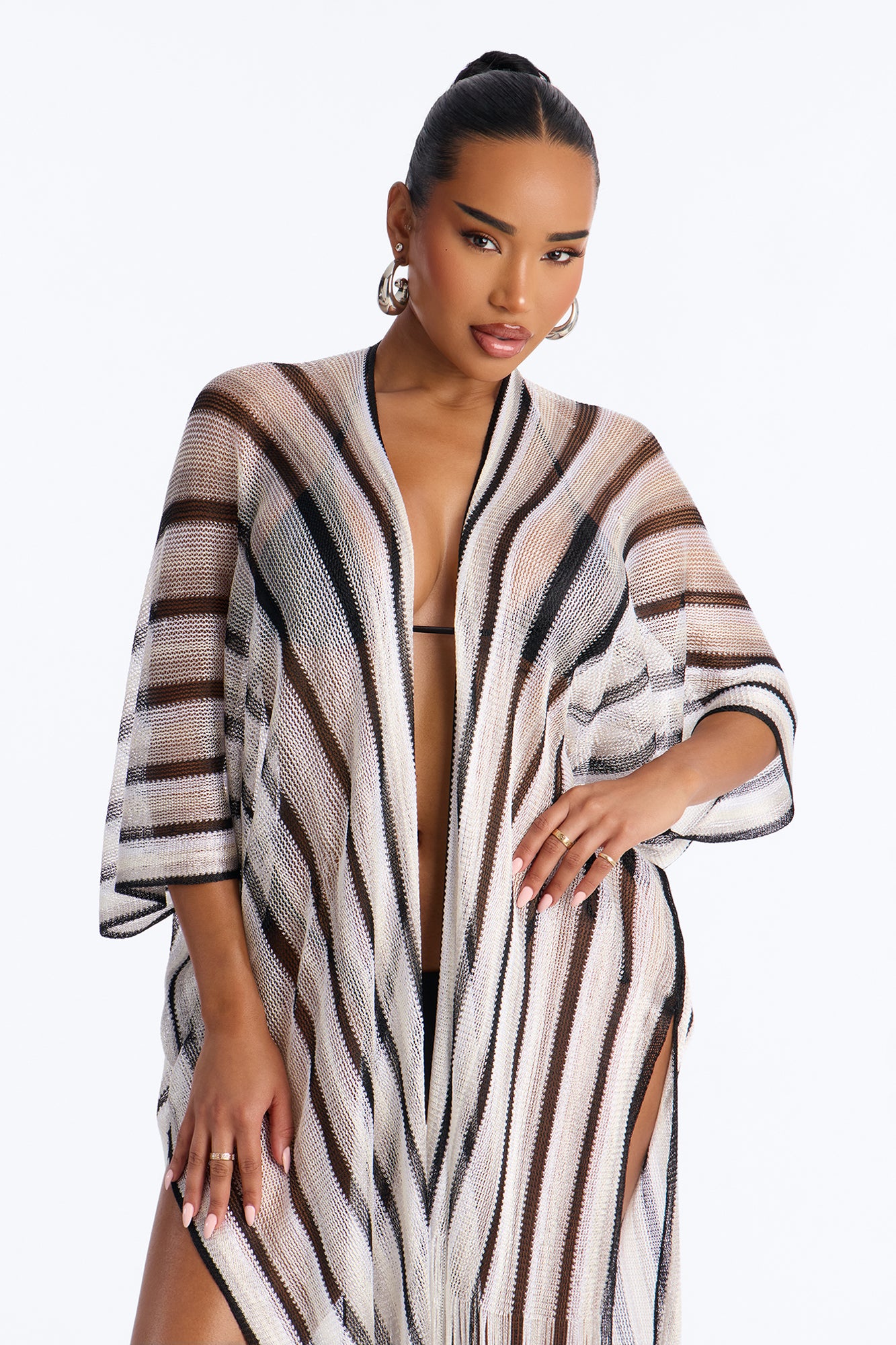 Leni Striped Swim Cover Up Kimono - Black/White - Image 2