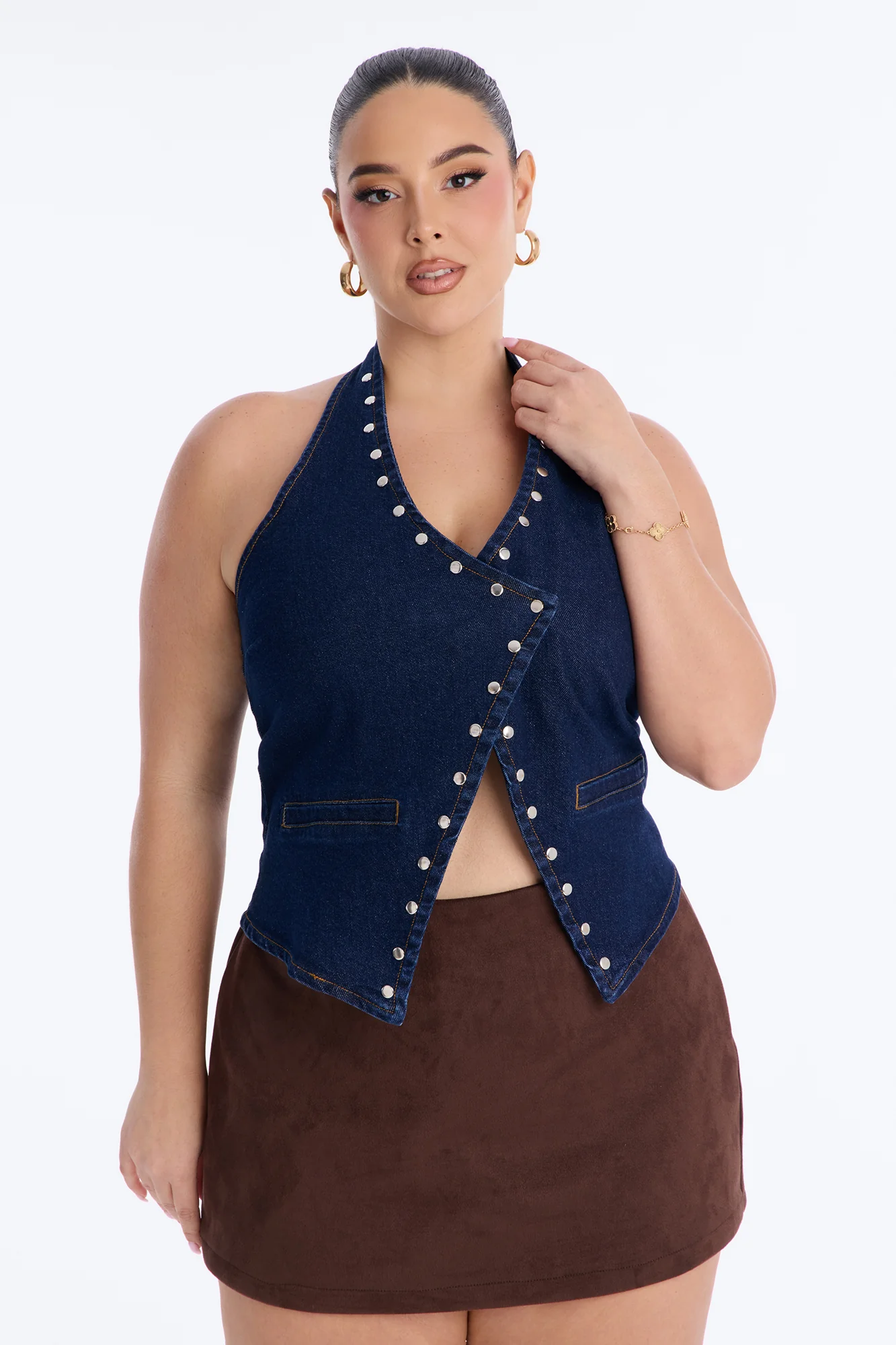 Leon Studded Denim Halter Top - Dark Wash - Image 5