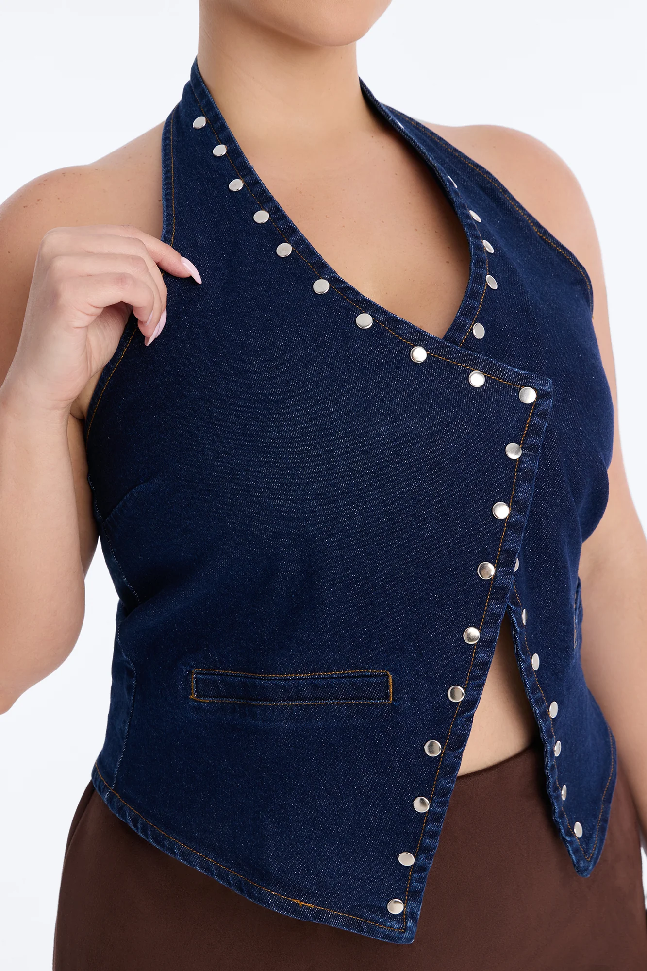 Leon Studded Denim Halter Top - Dark Wash - Image 7