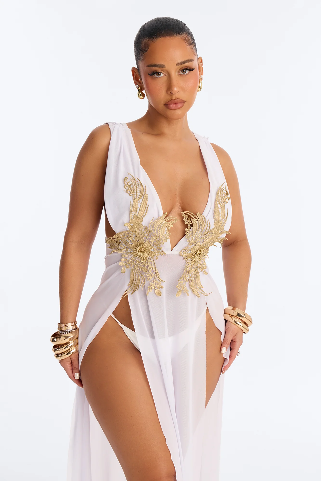 Leslie Applique High Slit Cover Up Dress - White - Image 2
