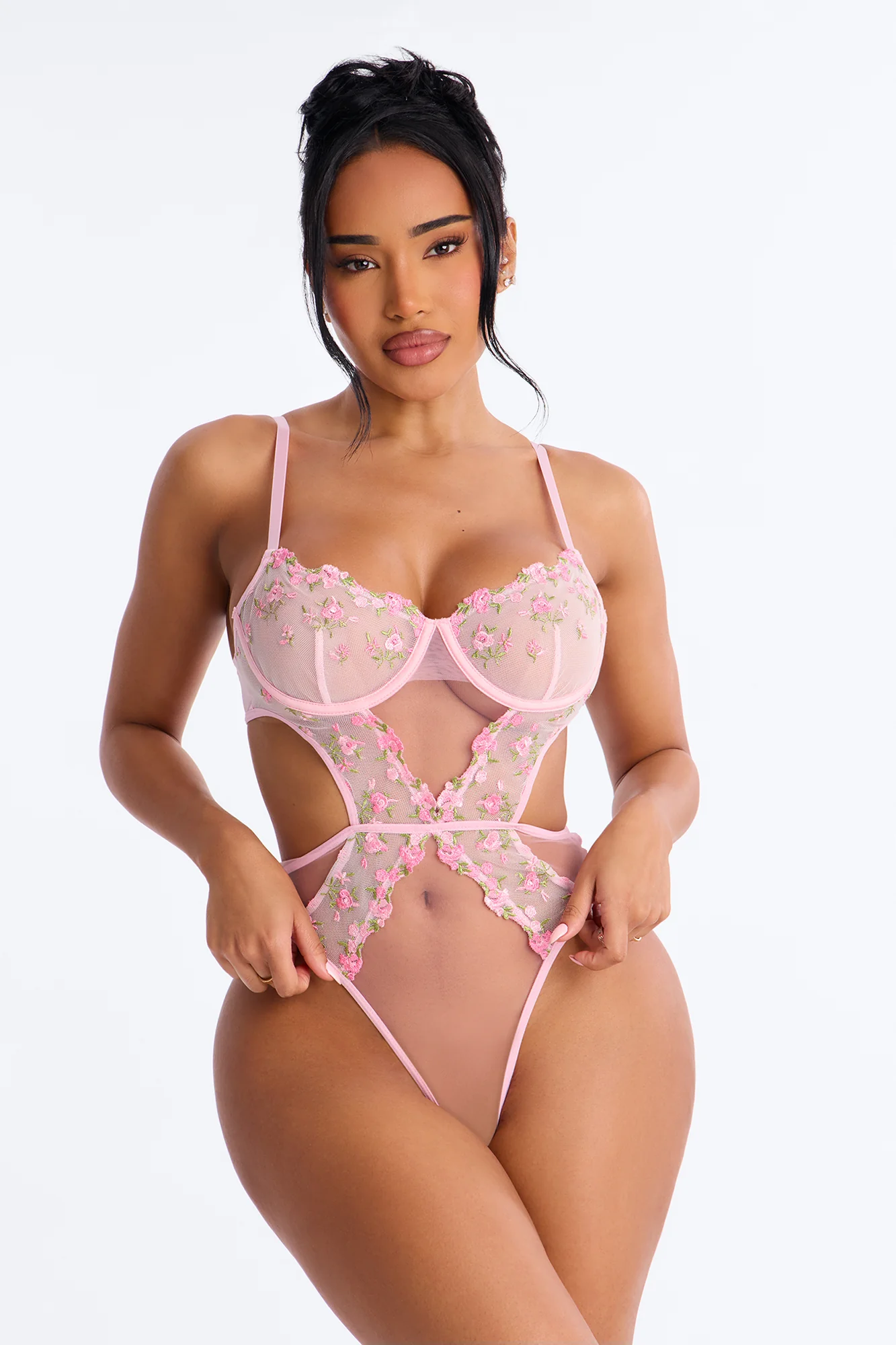 Let Them Bloom Embroidery Underwire Teddy - Pink/combo