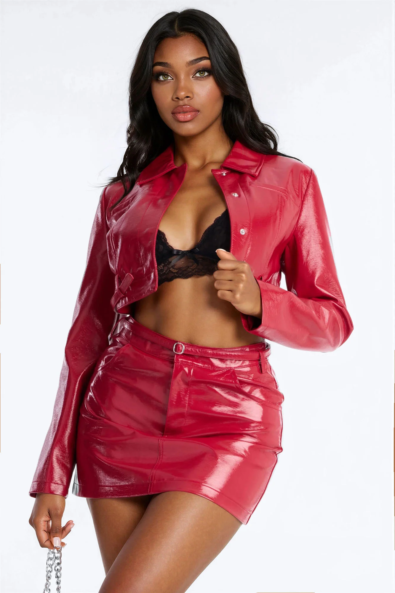 Leticia Faux Patent Leather Belted Moto Jacket - Red