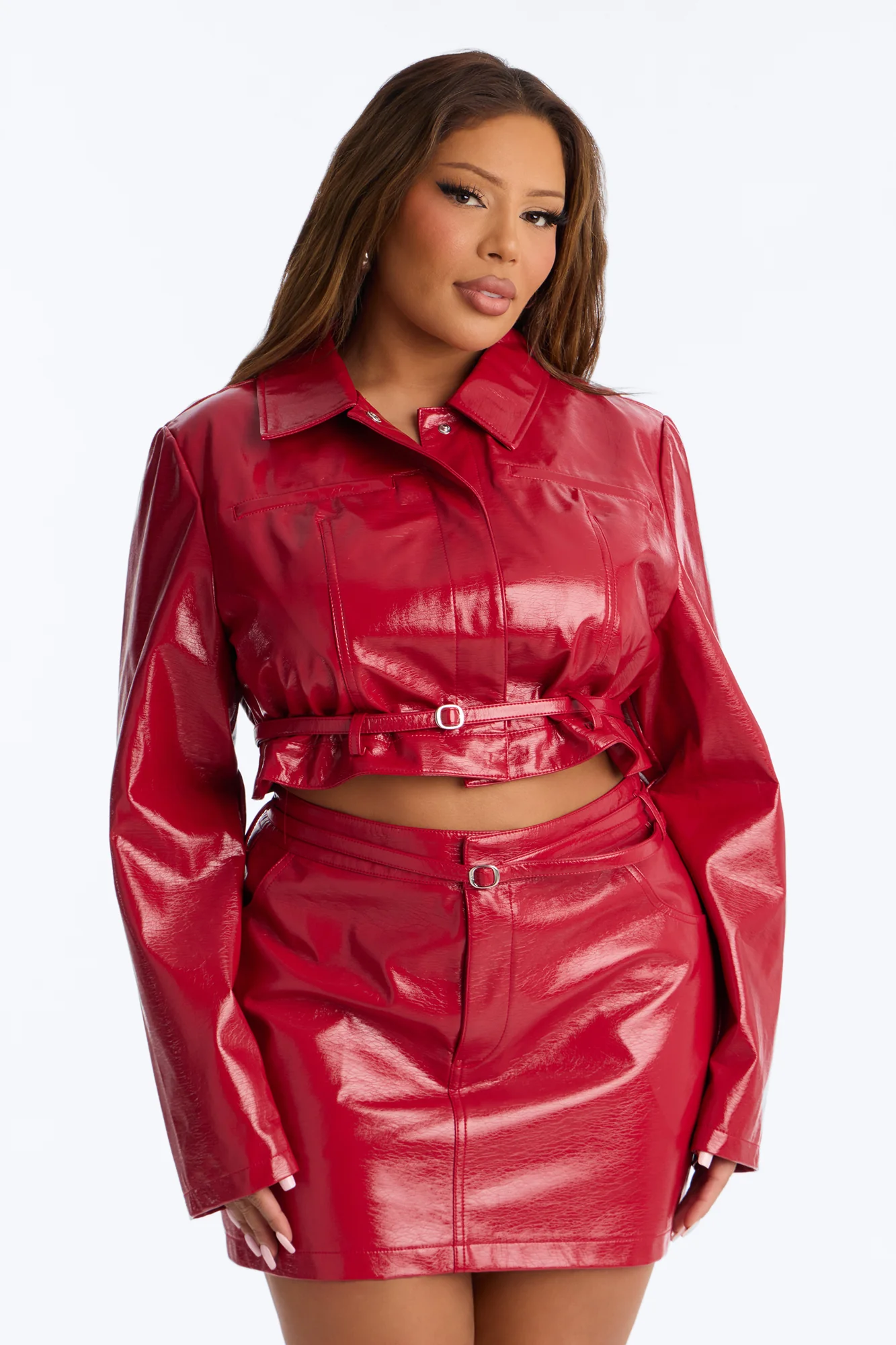 Leticia Faux Patent Leather Belted Moto Jacket - Red - Image 6
