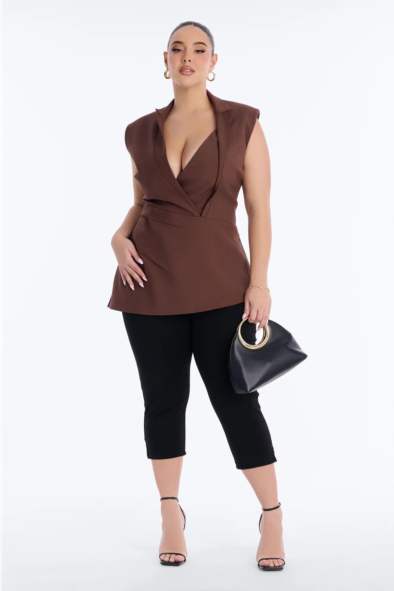 Let's Get Going Shoulder Pads Pleated Top - Brown - Image 6