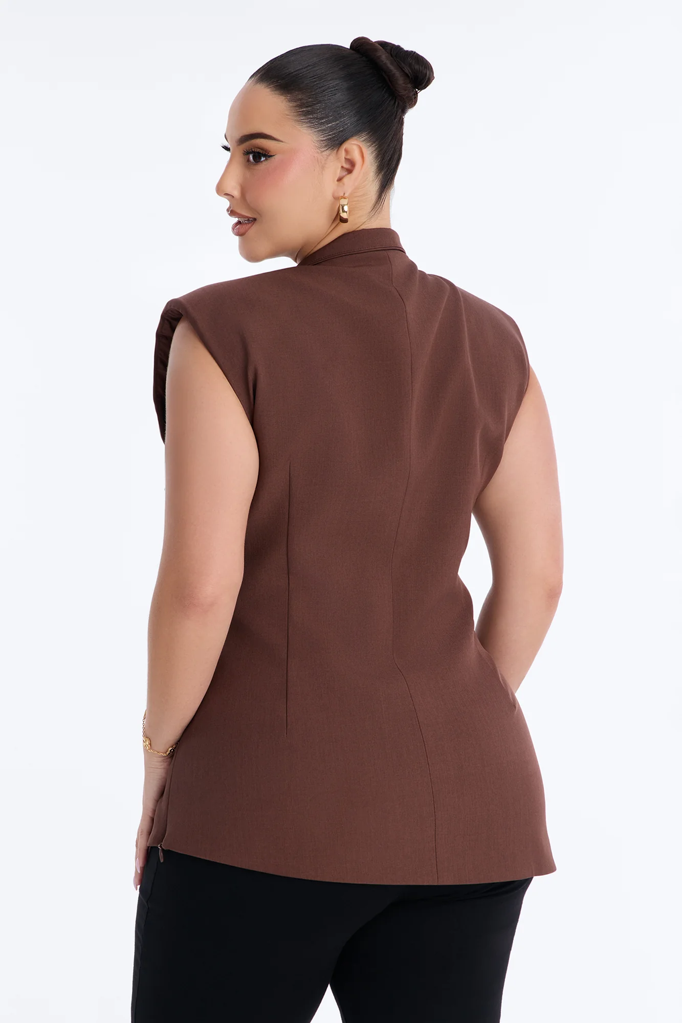 Let's Get Going Shoulder Pads Pleated Top - Brown - Image 8