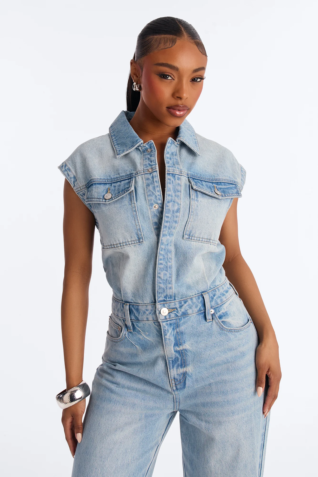 Let's Move Sleeveless Denim Wide Leg Jumpsuit - Light Wash - Image 2