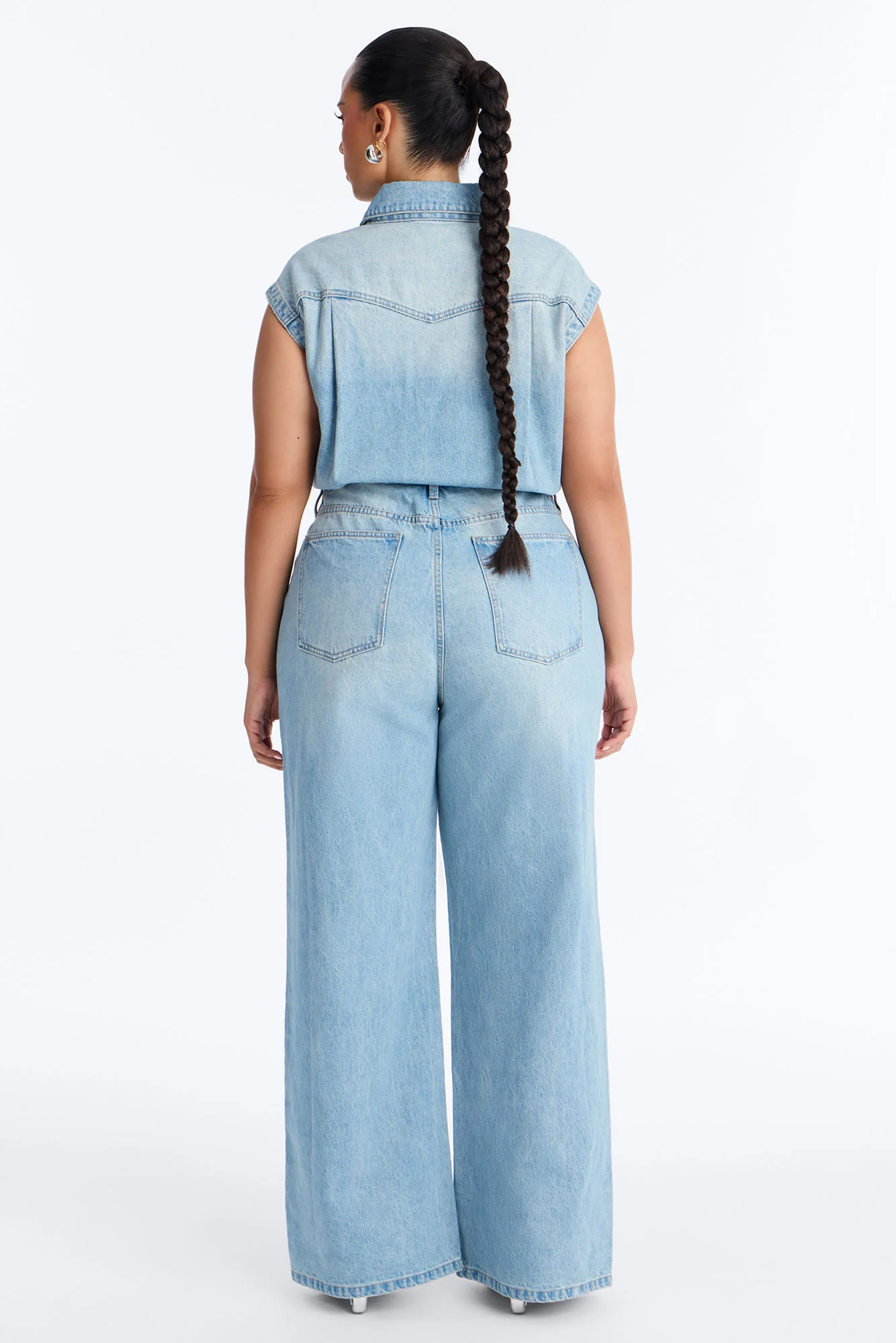 Let's Move Sleeveless Denim Wide Leg Jumpsuit - Light Wash - Image 8