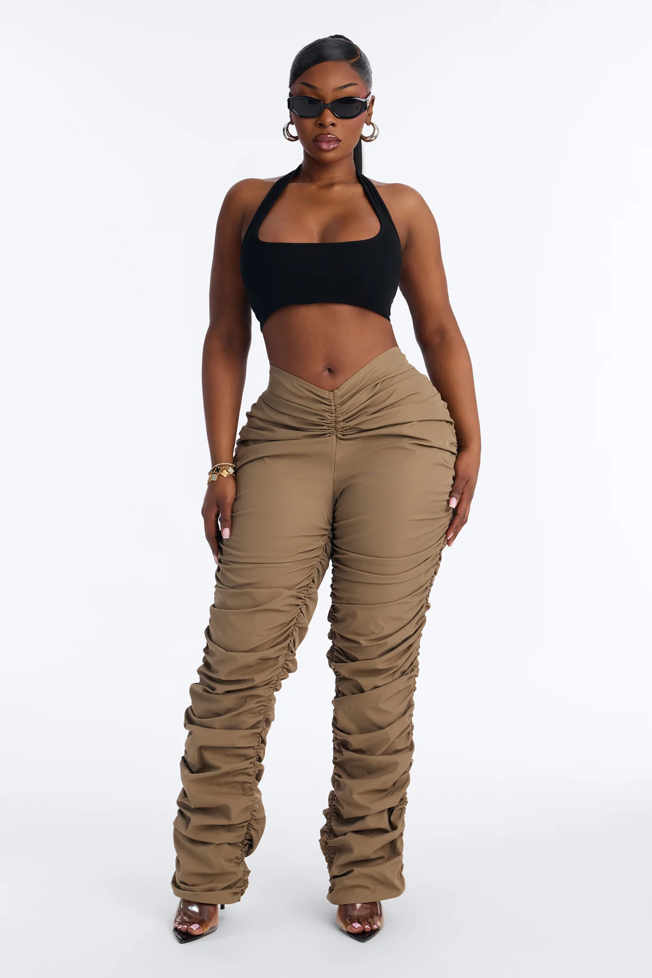 Lettie Mid Rise Ruched Skinny Pant - Taupe
