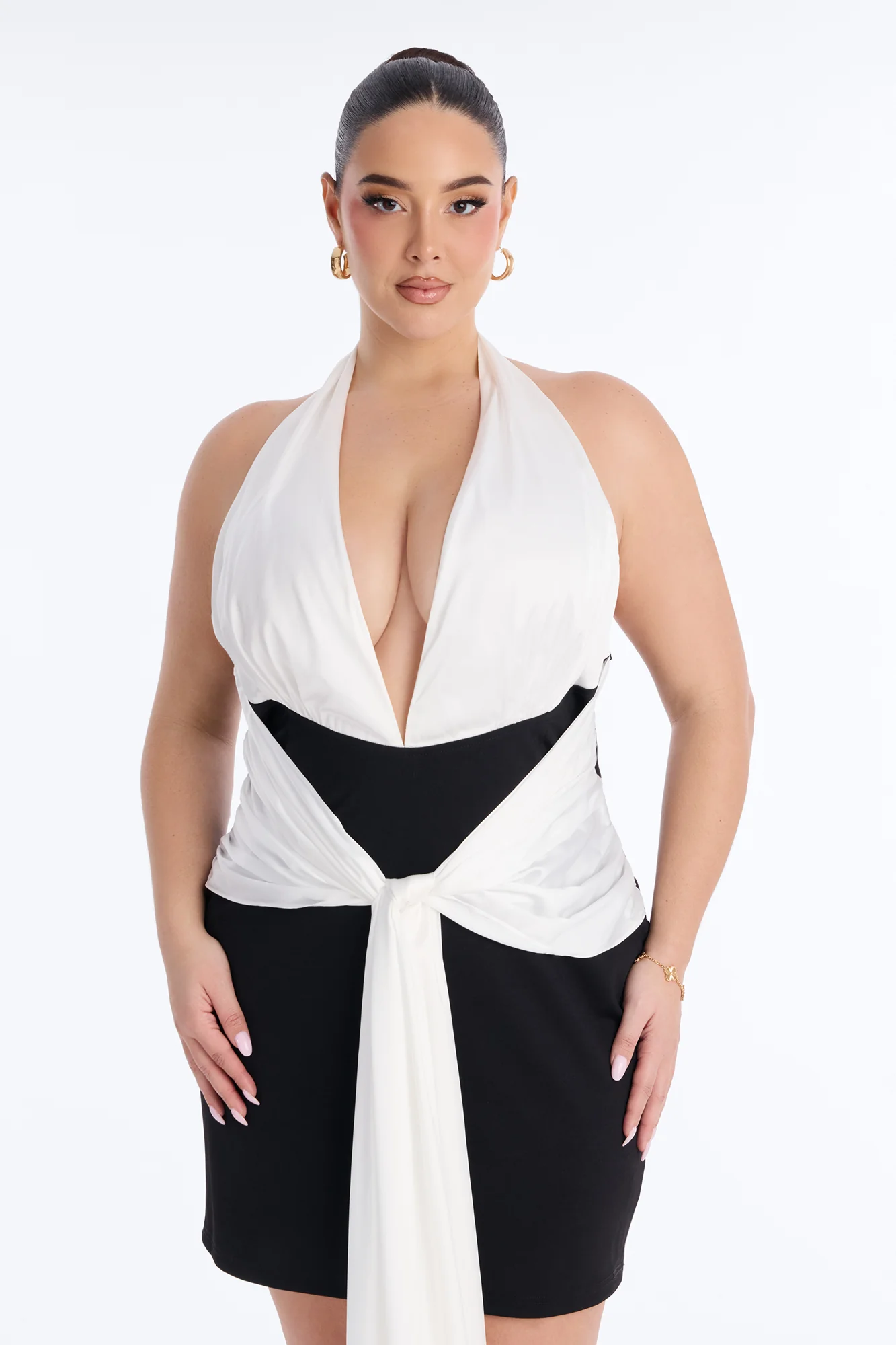 Levelle Halter Ponte Mini Dress - Black/White - Image 6