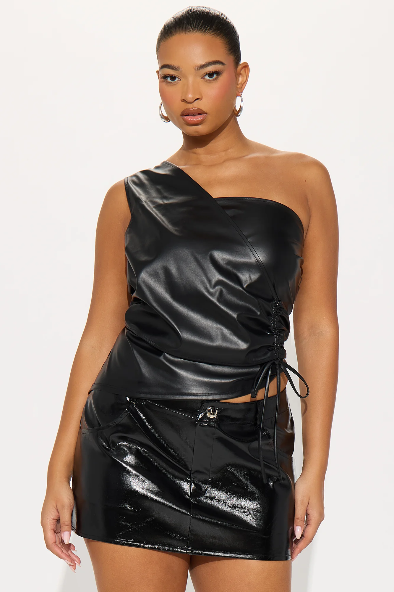 Lex Faux Leather One Shoulder Top - Black - Image 5