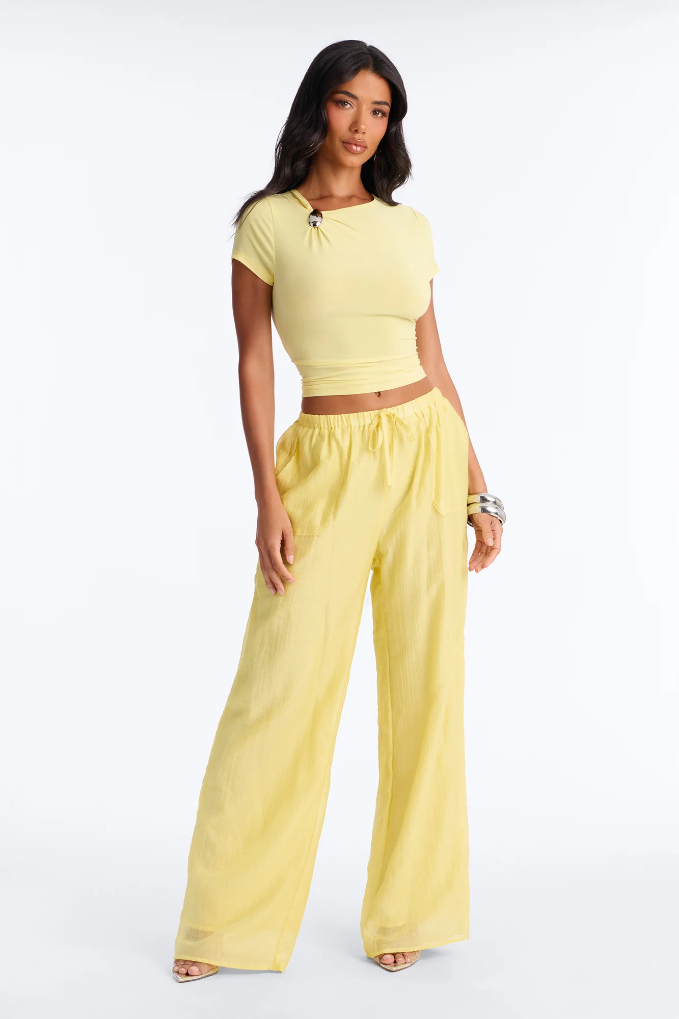 Lexi Hardware Asymmetrical Neck Short Sleeve Top - Butter Yellow - Image 2