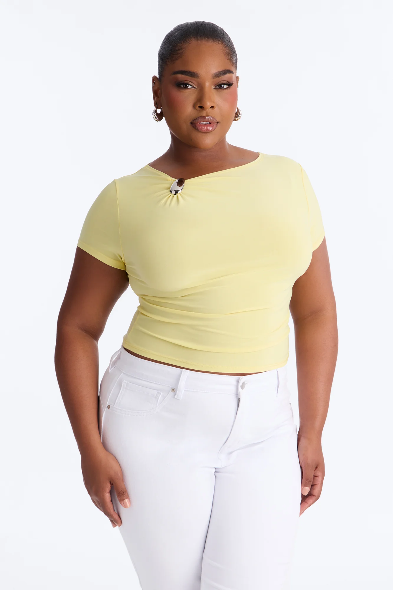 Lexi Hardware Asymmetrical Neck Short Sleeve Top - Butter Yellow - Image 5
