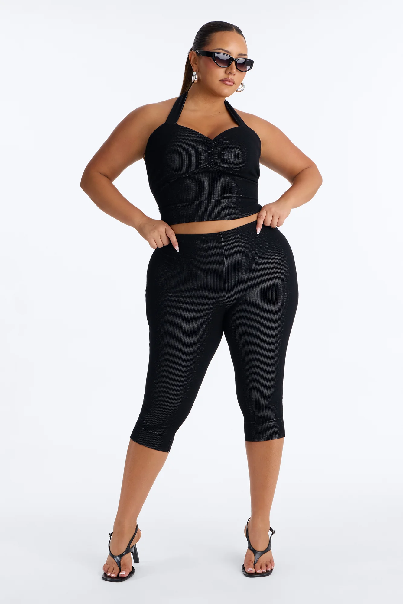 Liana Halter Ribbed Capri Set - Black - Image 4
