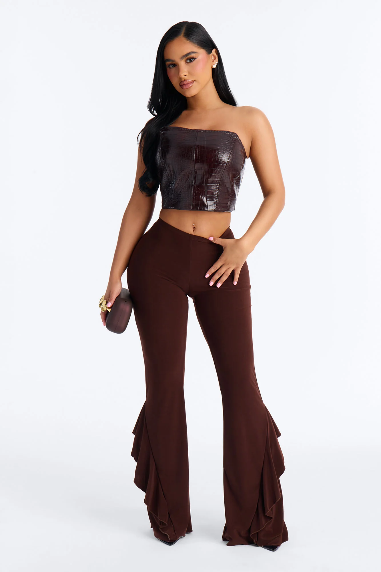 Liana Low Rise Ruffle Flare Pant 33″ - Brown