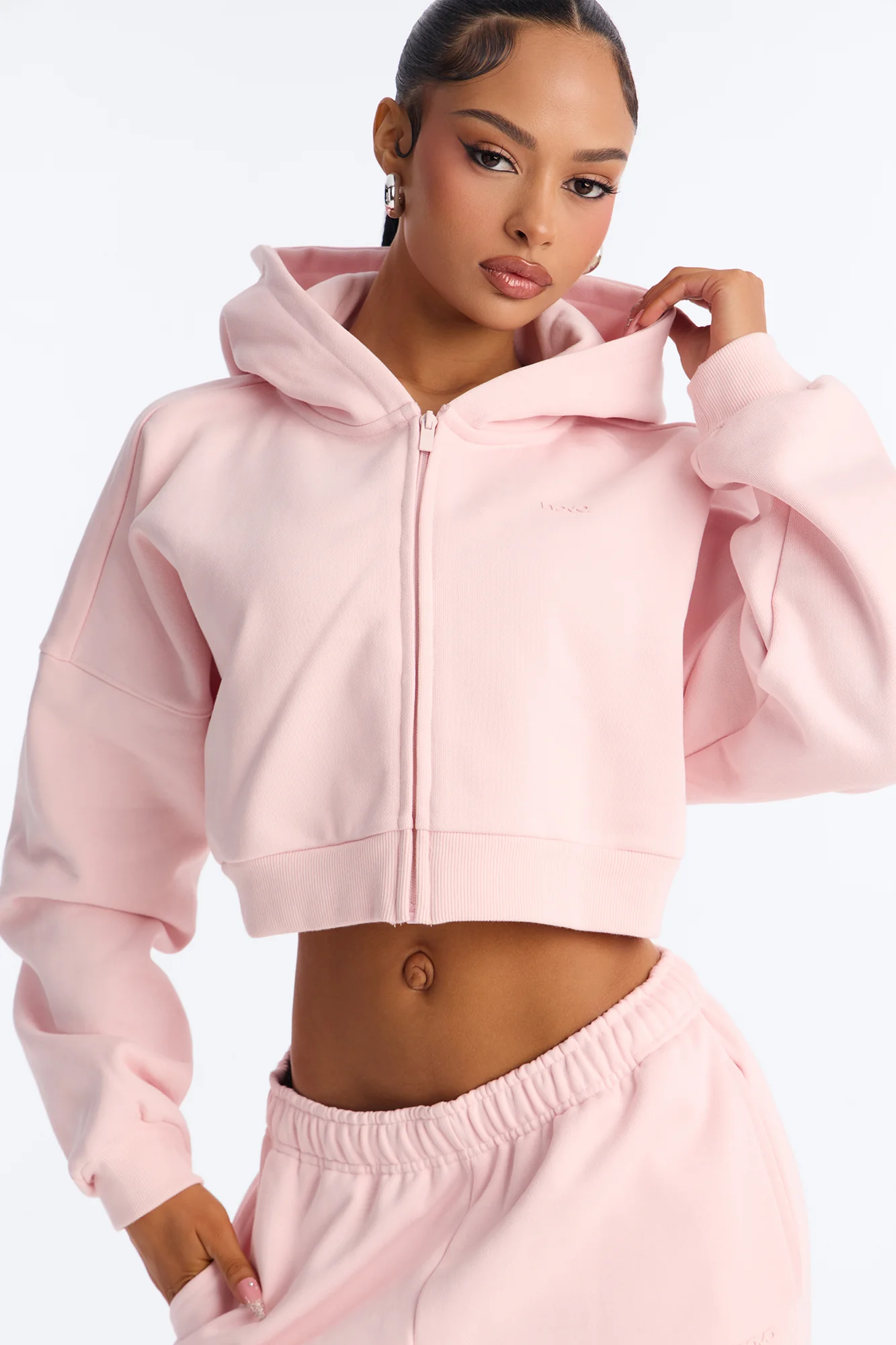 Libby Boxy Crop Zip Hoodie Fleece Sweatshirt - Pink