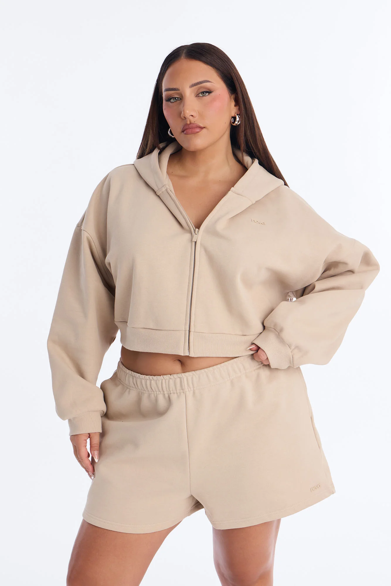 Libby Boxy Crop Zip Hoodie Fleece Sweatshirt - Taupe - Image 6