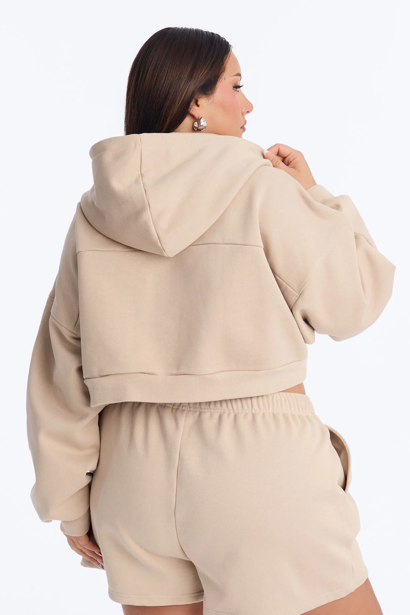 Libby Boxy Crop Zip Hoodie Fleece Sweatshirt - Taupe - Image 8