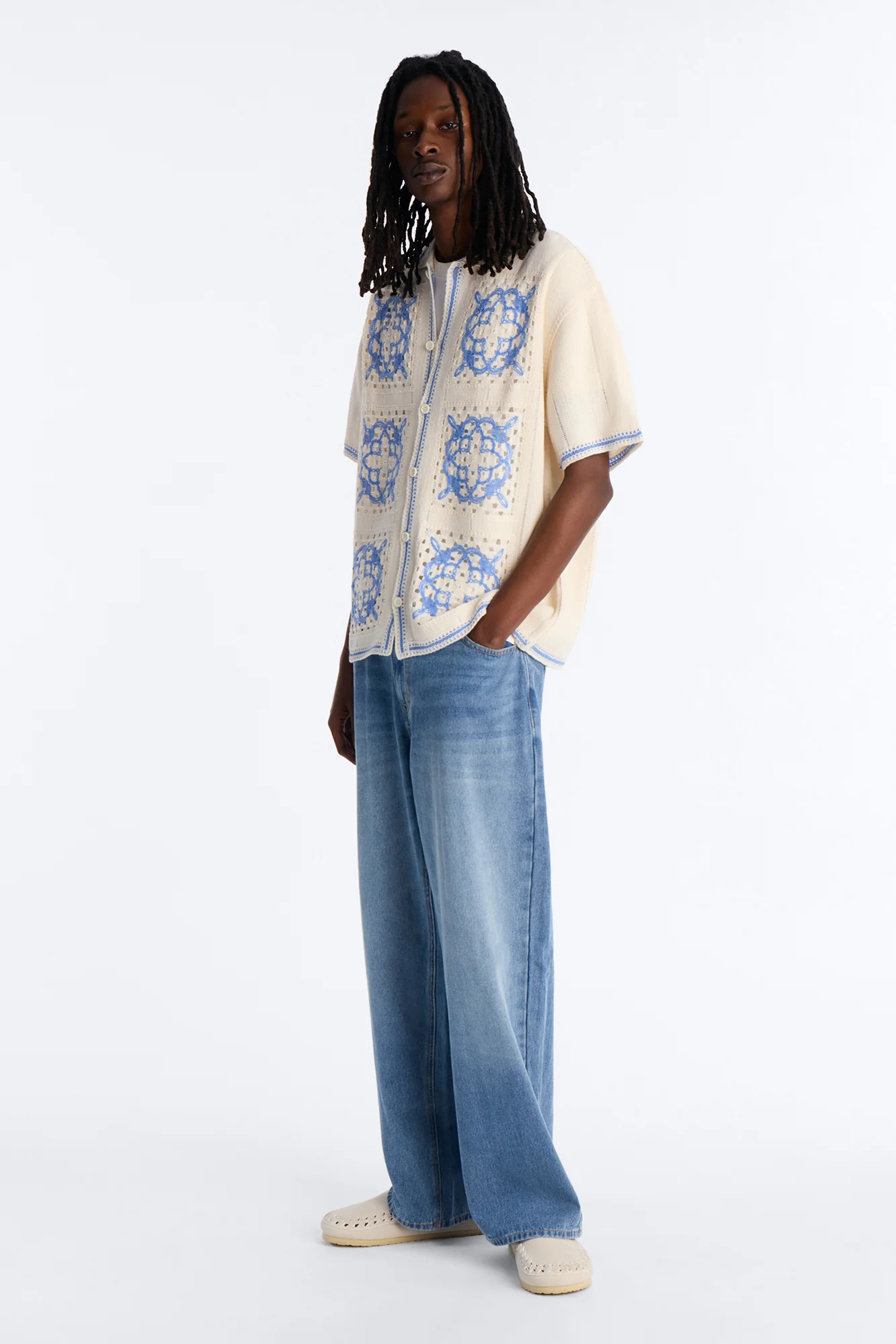 Lido Isle Crochet Button Up Shirt - Cream - Image 2