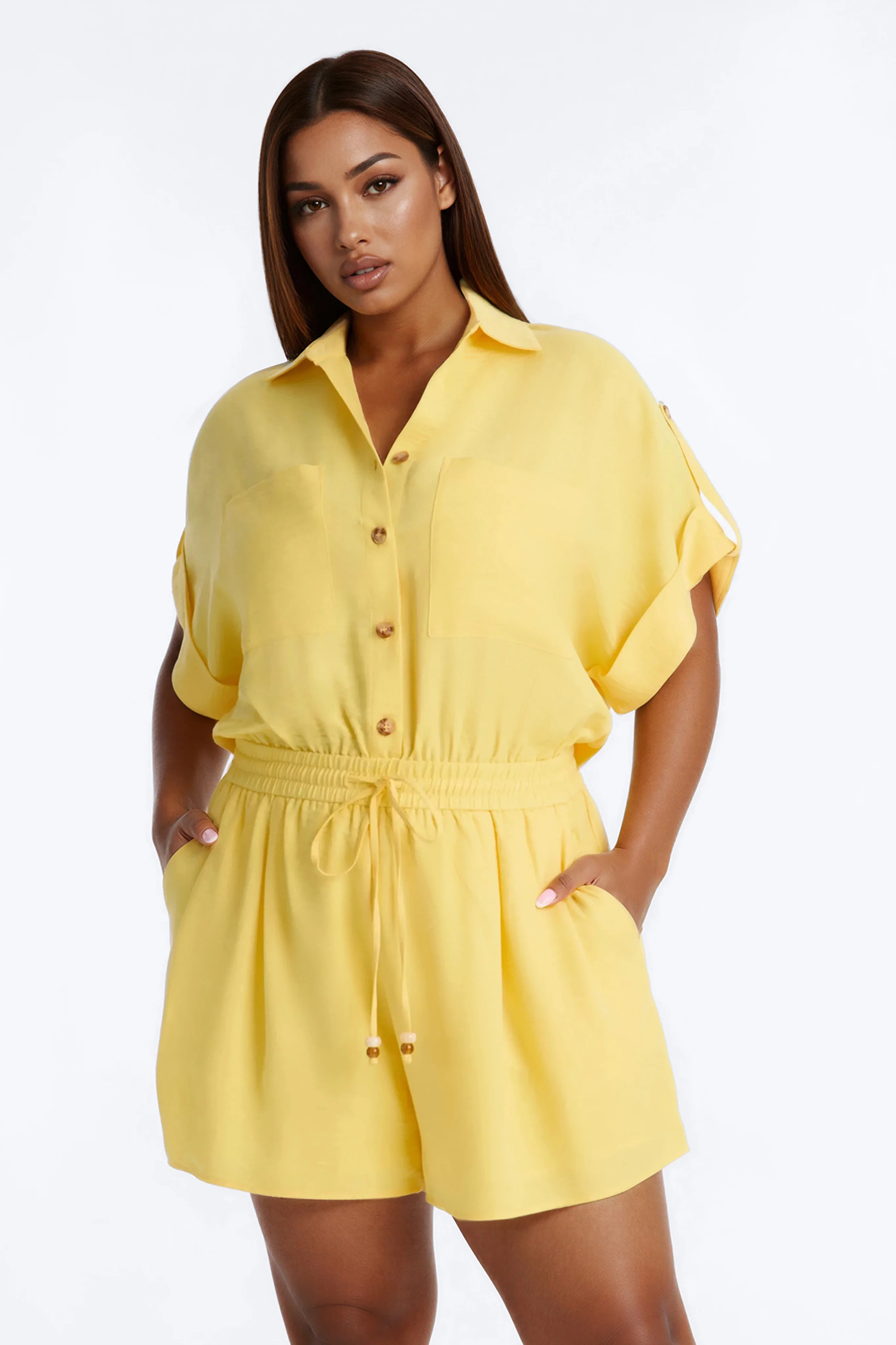 Lilah Collar Short Sleeve Romper - Yellow - Image 5