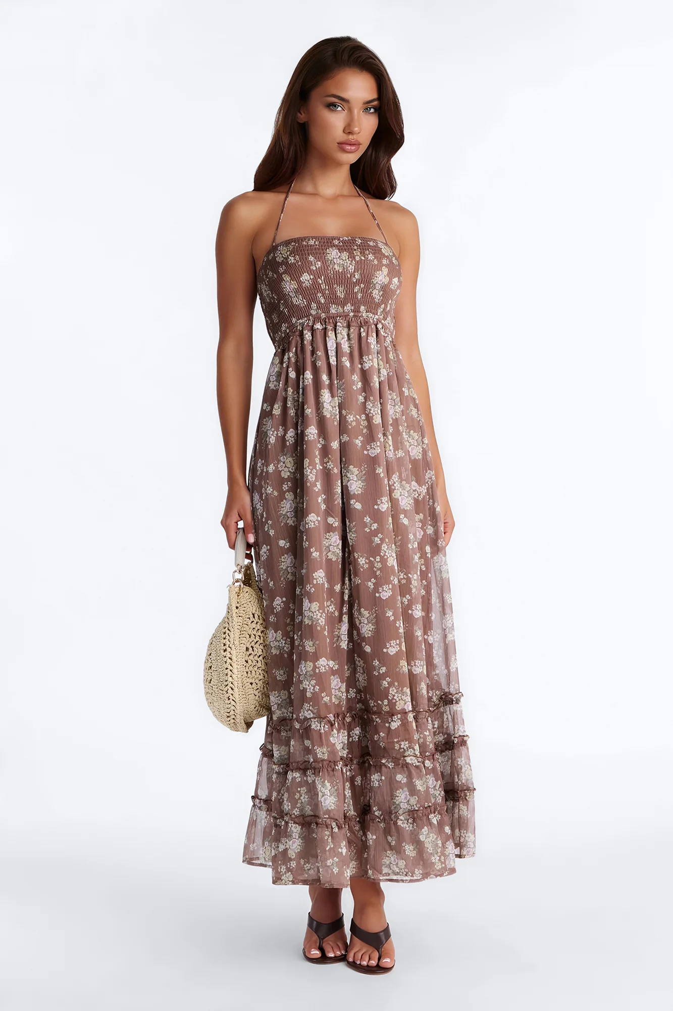 Lilah Floral Backless Maxi Dress - Brown/combo