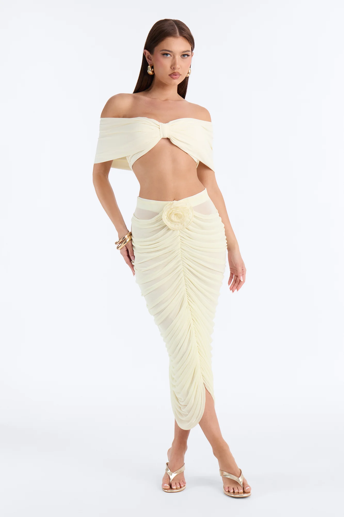 Lilah Rosette Ruched Mesh Midi Skirt - Butter Yellow
