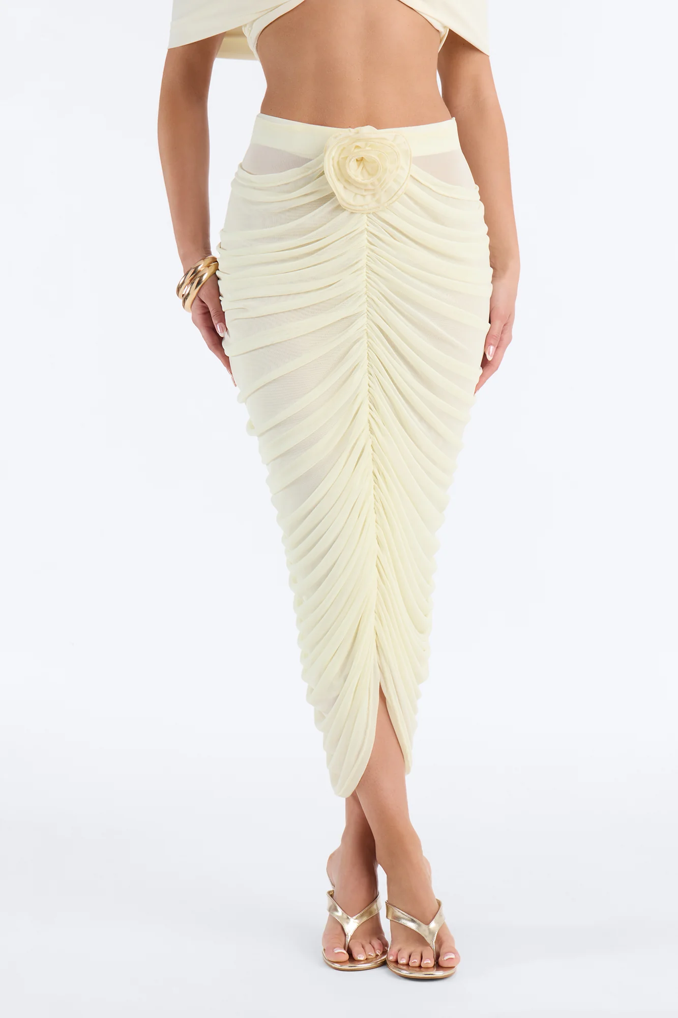 Lilah Rosette Ruched Mesh Midi Skirt - Butter Yellow - Image 2
