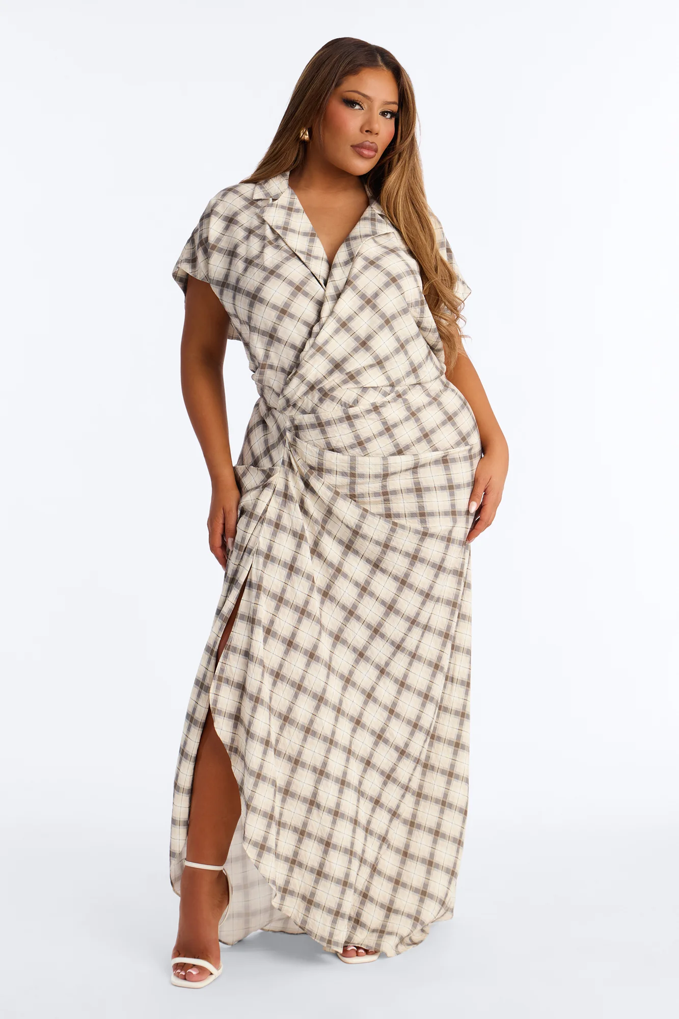 Lilia Short Sleeve Plaid Maxi Dress - Grey/combo - Image 5
