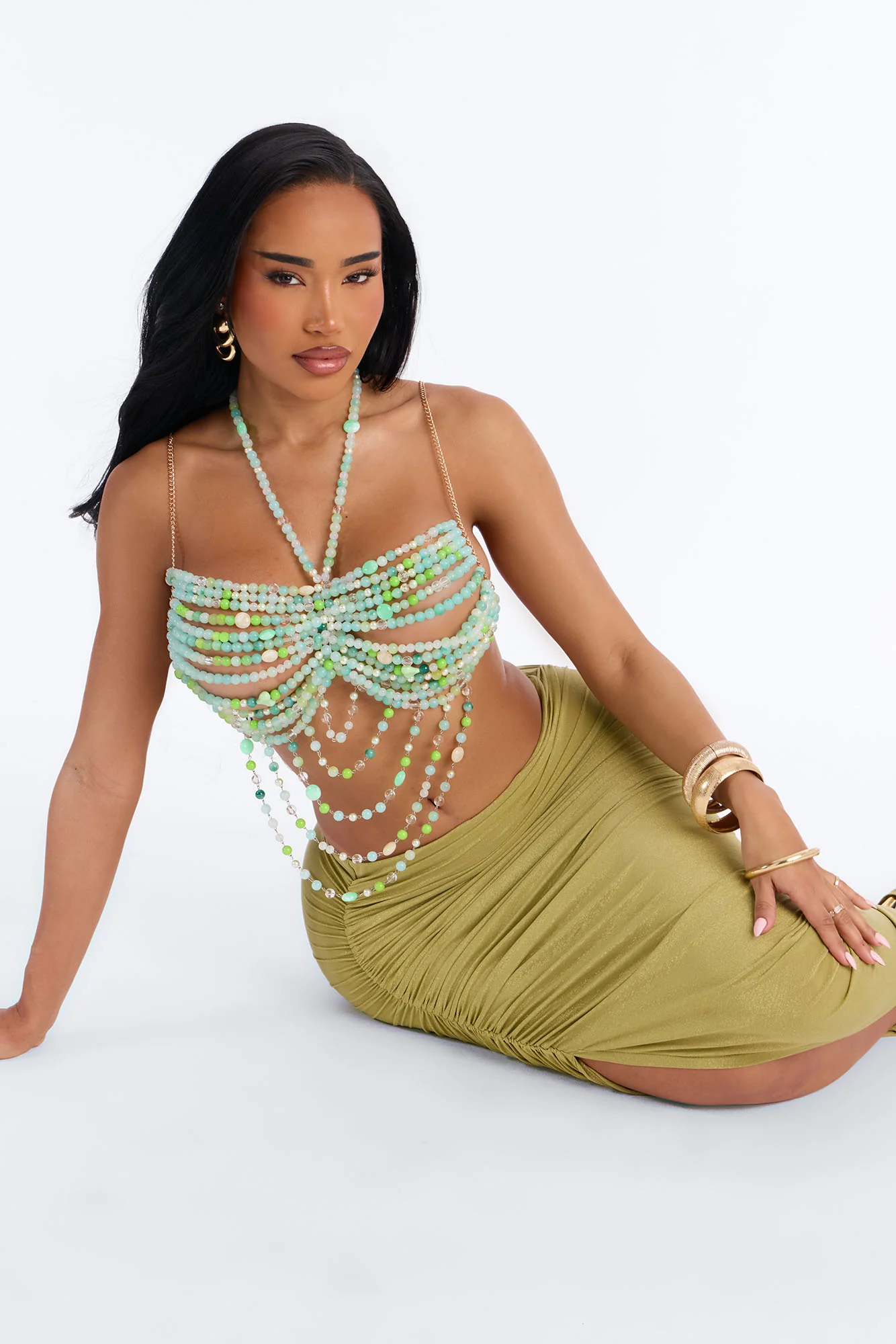 Lilou Beaded Bandeau Bra Top - Green/combo