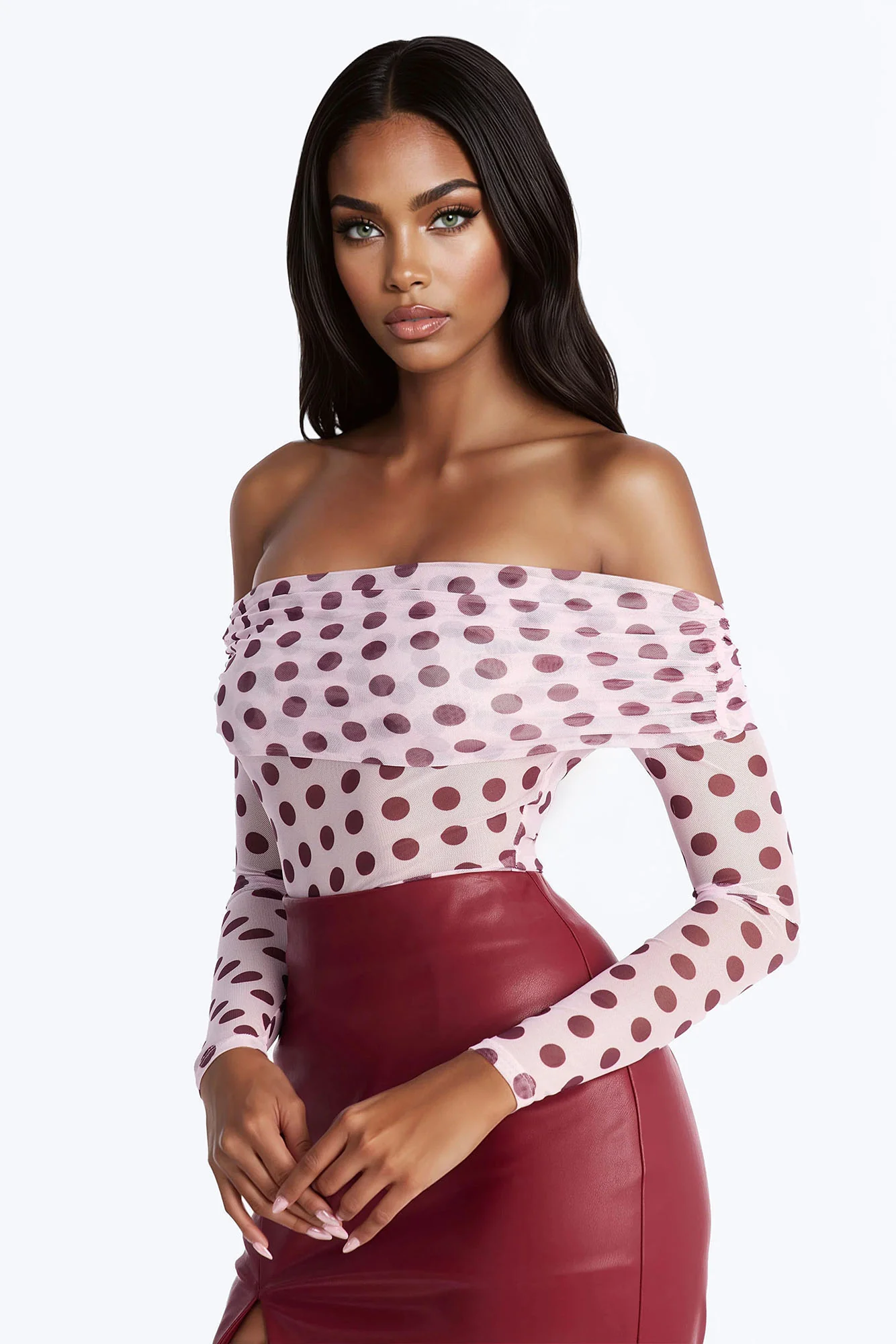 Lily Off Shoulder Polka Dot Mesh Long Sleeve Bodysuit - Pink/combo - Image 3