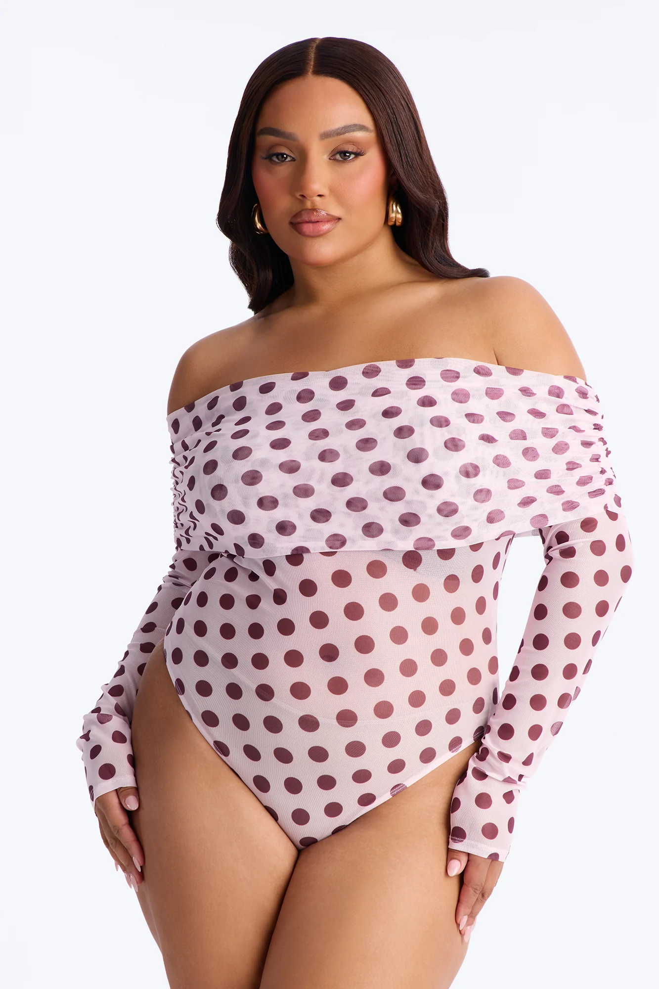 Lily Off Shoulder Polka Dot Mesh Long Sleeve Bodysuit - Pink/combo - Image 5