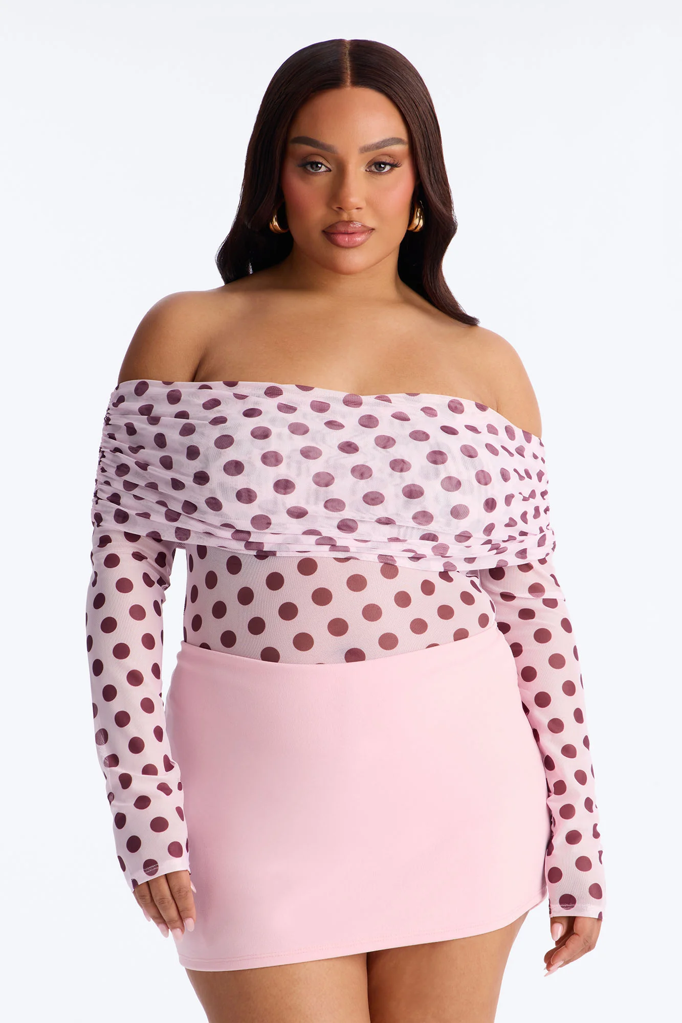 Lily Off Shoulder Polka Dot Mesh Long Sleeve Bodysuit - Pink/combo - Image 7