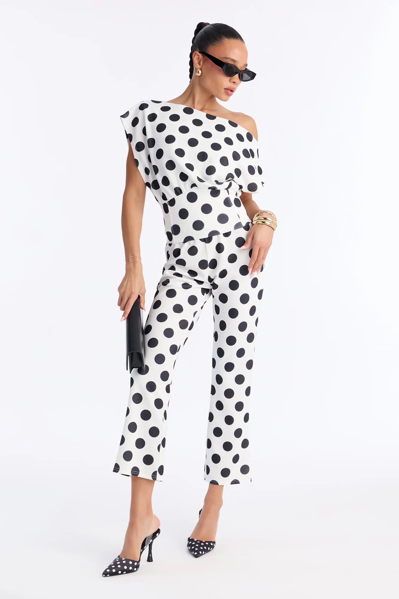 Lily Polka Dot Off Shoulder Pant Set - White/Black