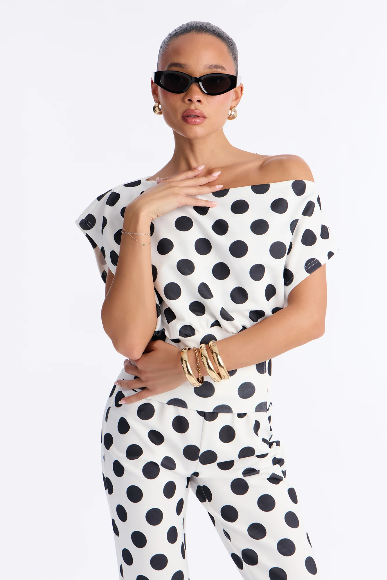 Lily Polka Dot Off Shoulder Pant Set - White/Black - Image 2