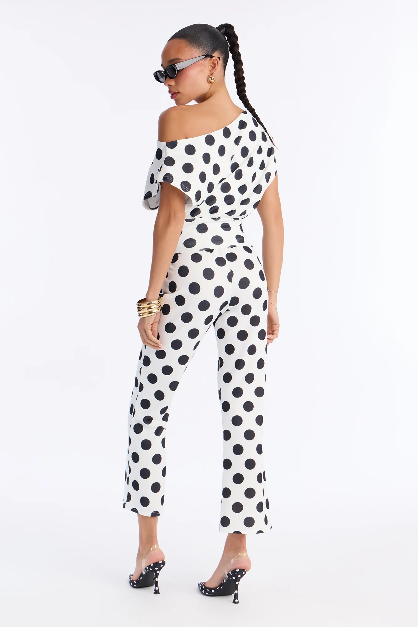 Lily Polka Dot Off Shoulder Pant Set - White/Black - Image 4
