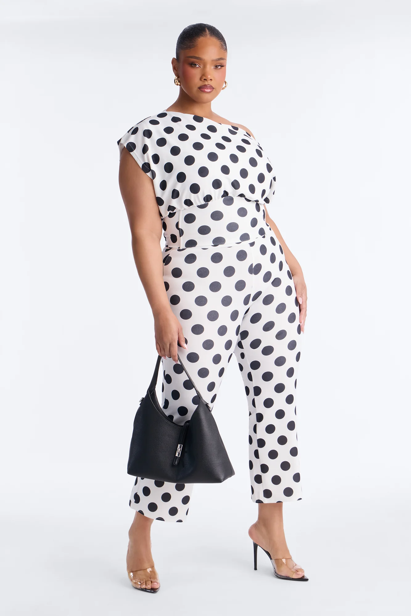 Lily Polka Dot Off Shoulder Pant Set - White/Black - Image 5