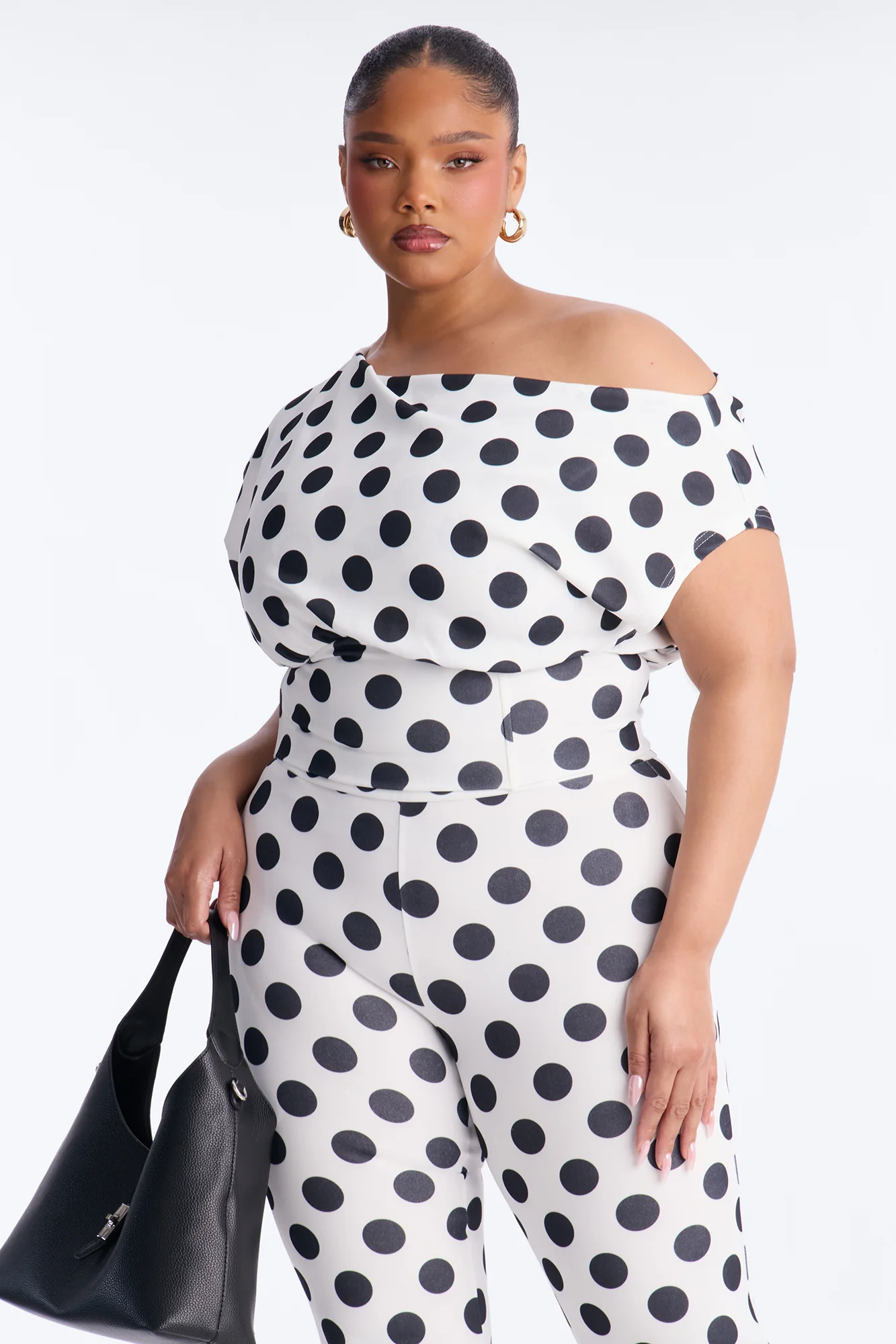Lily Polka Dot Off Shoulder Pant Set - White/Black - Image 6