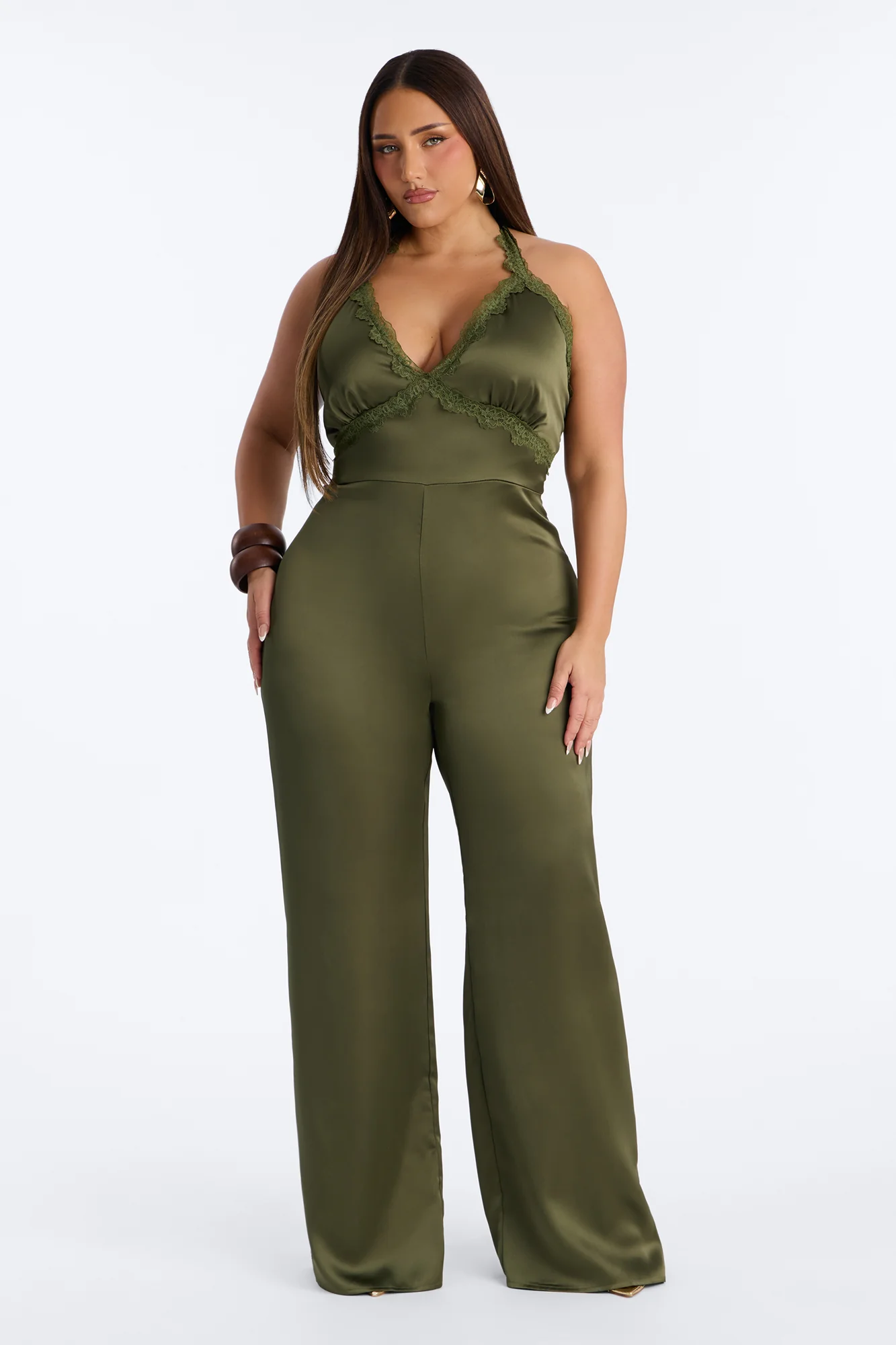 Lina Satin Lace Trim Jumpsuit - Olive - Image 5