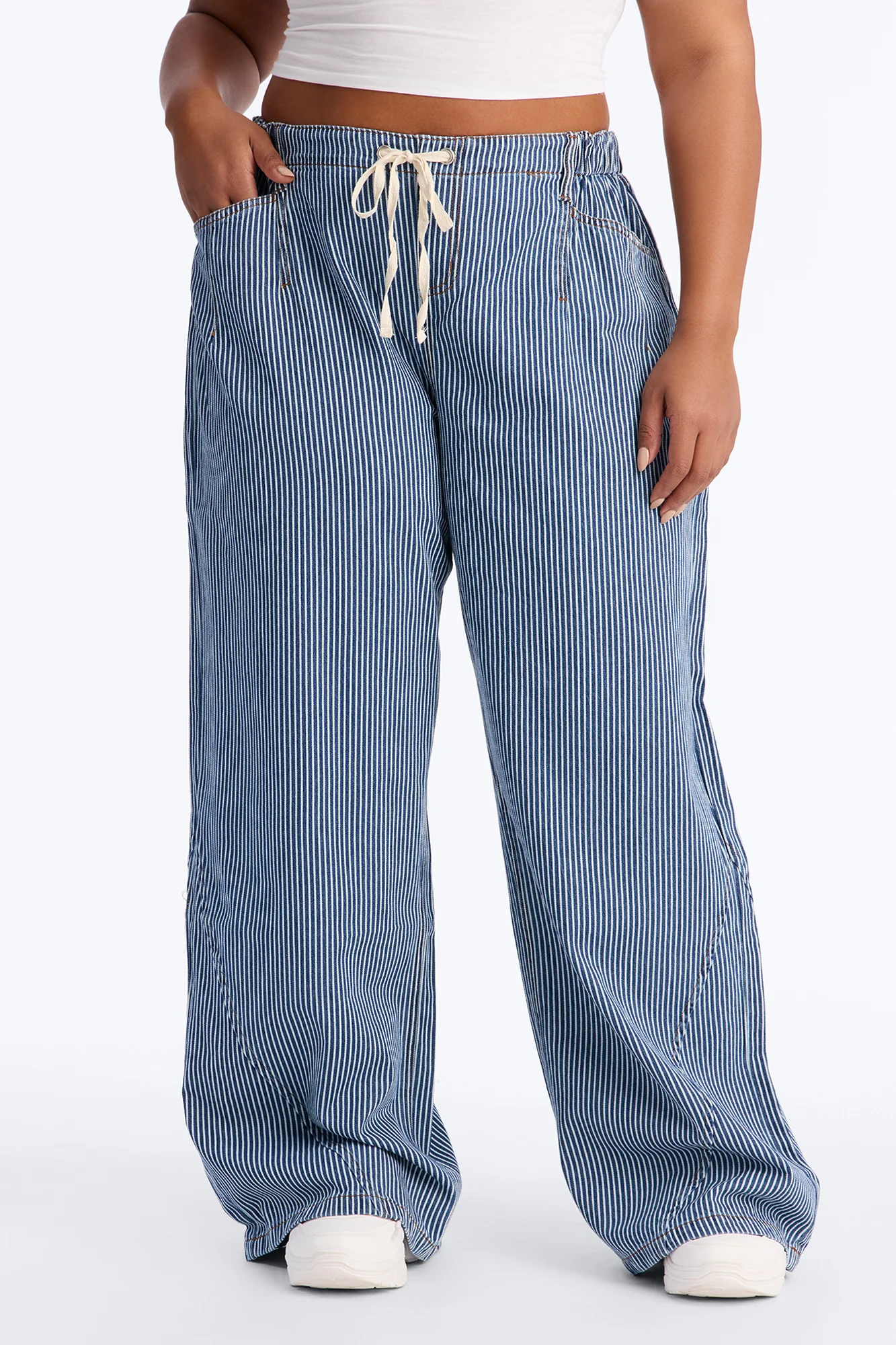 Linden Pinstripe Drapey Drawstring Jeans - Dark Wash - Image 6