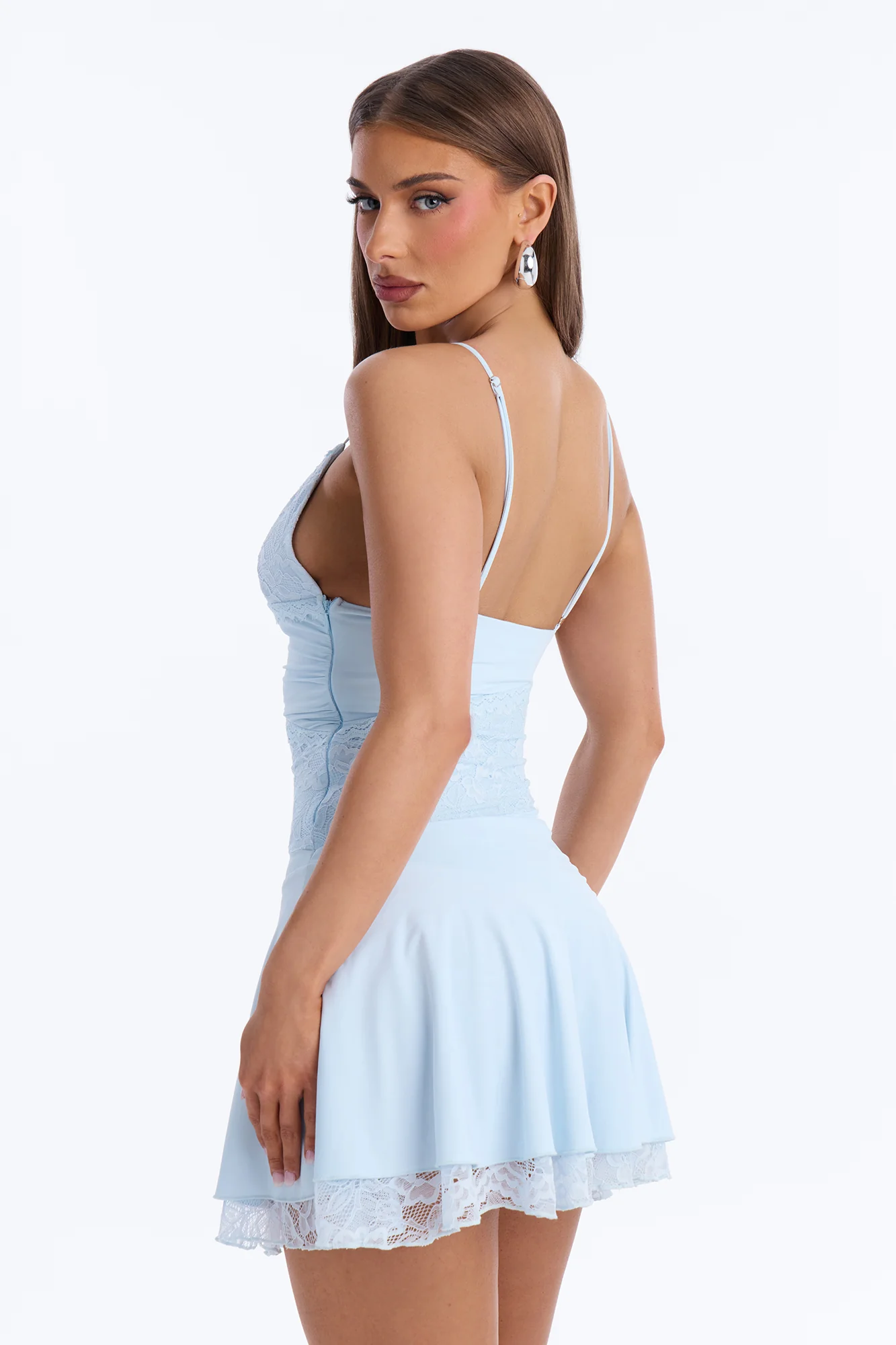 Lindsey Lace Trim Mini Dress - Light Blue - Image 3