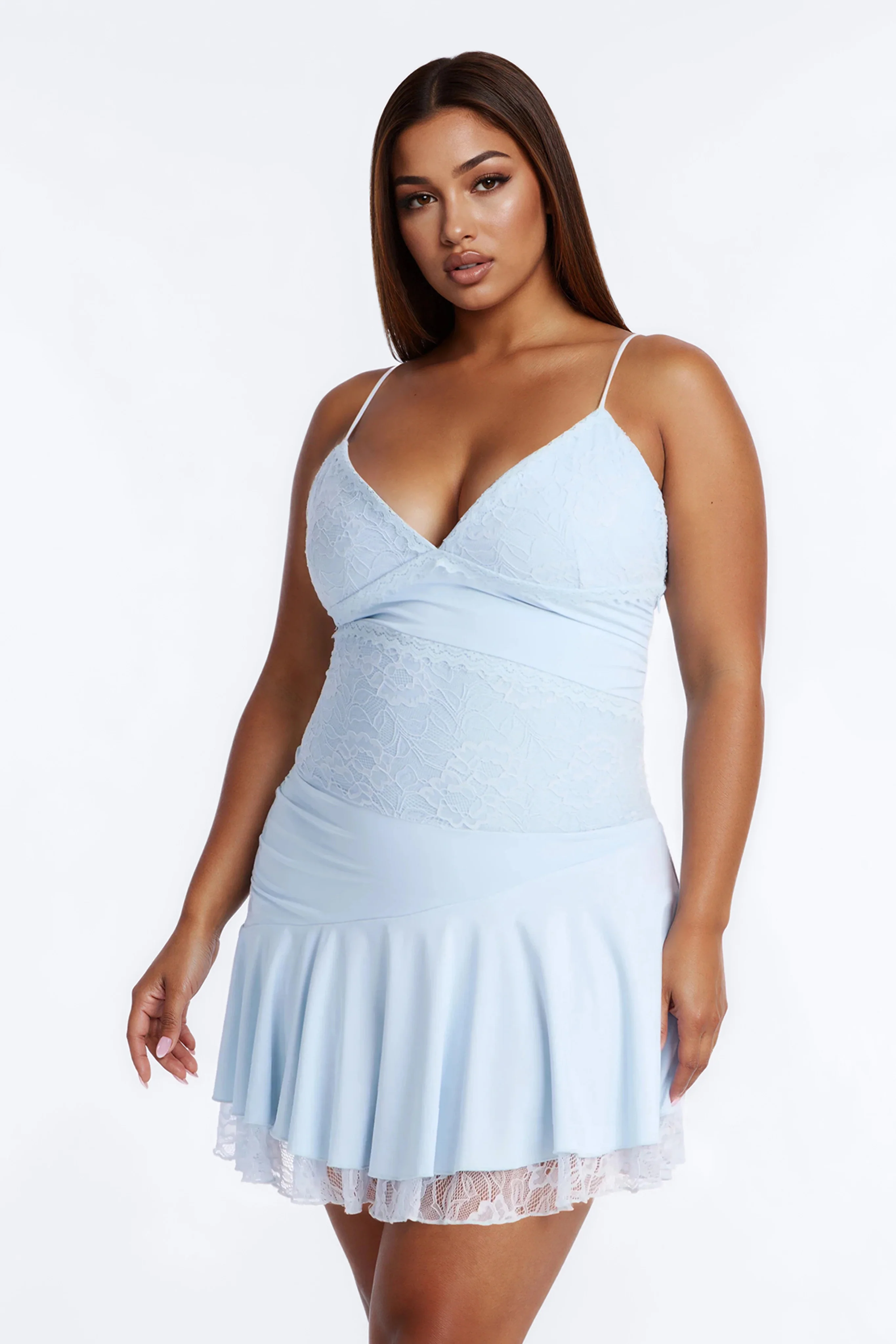Lindsey Lace Trim Mini Dress - Light Blue - Image 5