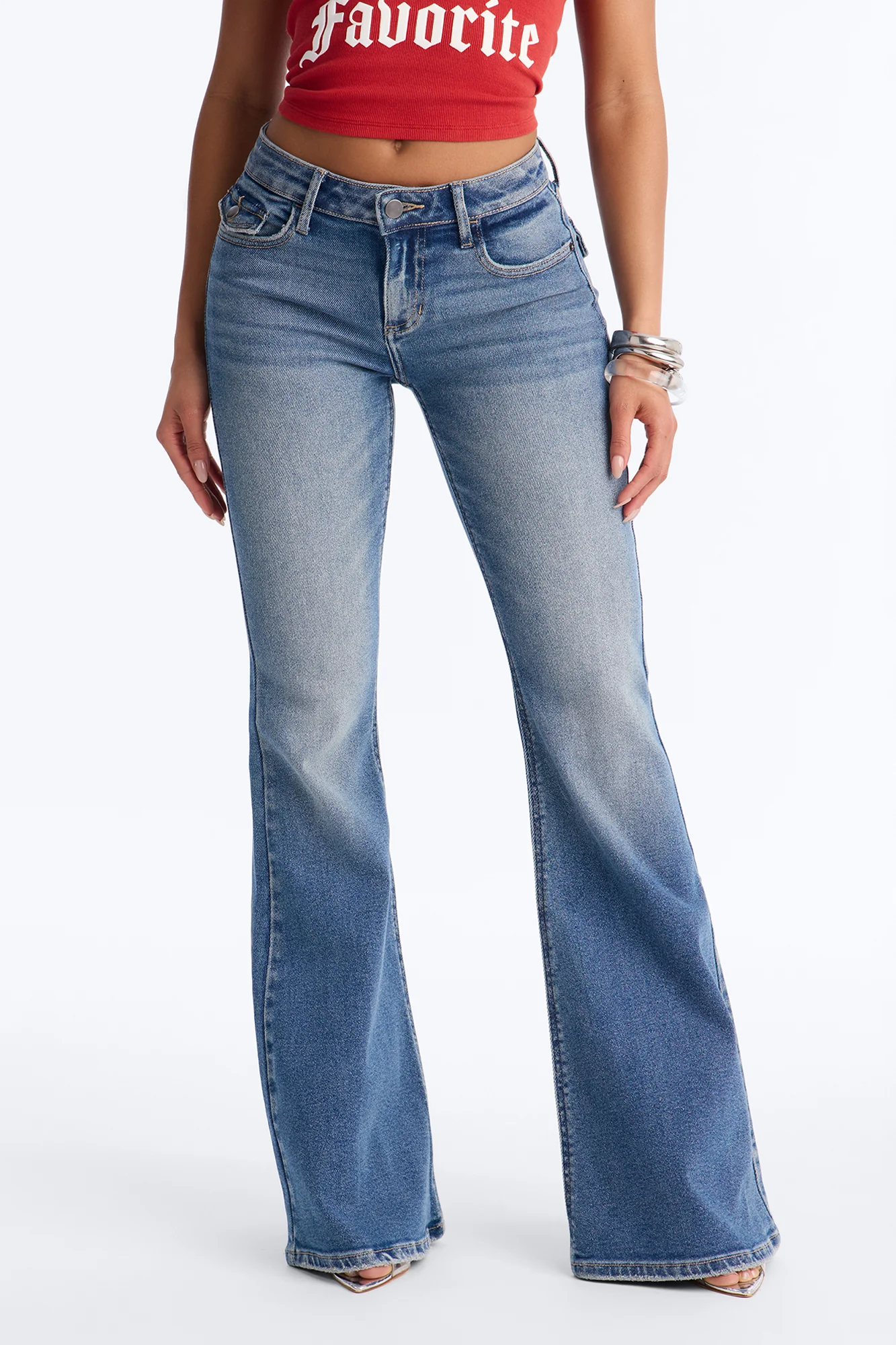 Line Dancer Low Rise Stretch Flare Leg Jeans - Medium Wash - Image 2