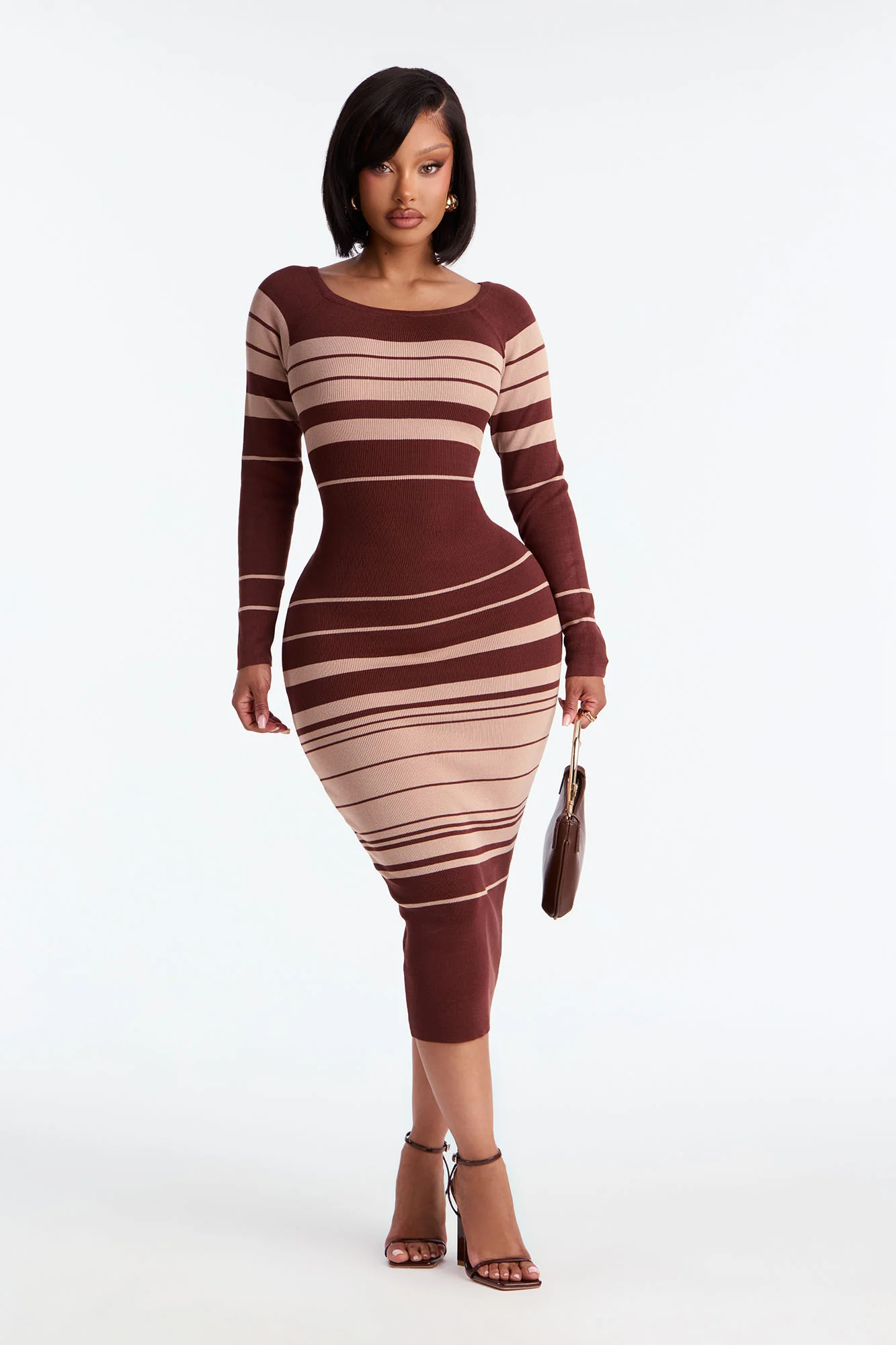 Line Me Up Striped Sweater Midi Dress - Chocolate